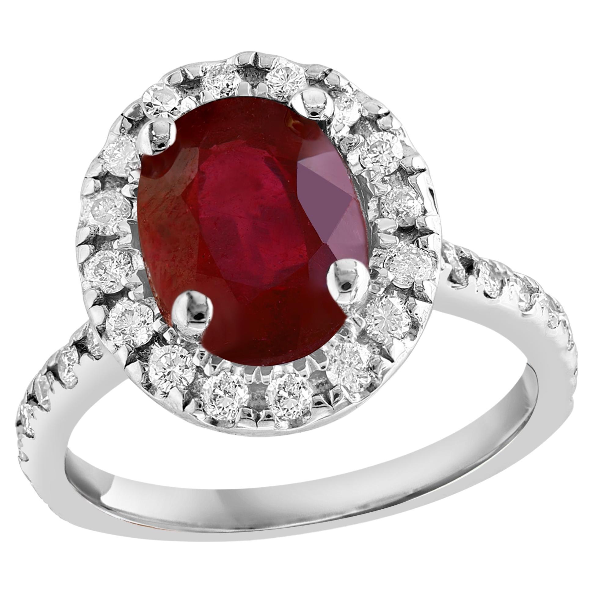 3 Carat Oval Treated Ruby & 1.25 ct Diamond Ring 14 Karat White Gold Size 6 For Sale