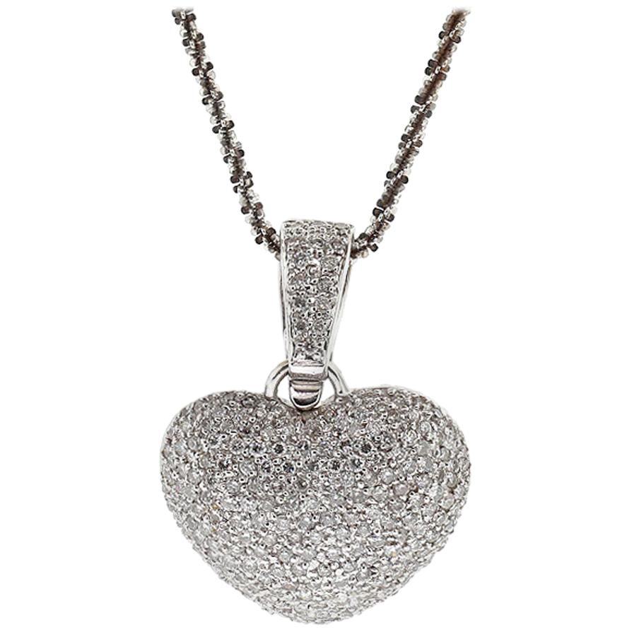 3 Carat Pave Diamond Puffed Heart Pendant on Chain 18 Karat in Stock For Sale