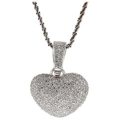 3 Carat Pave Diamond Puffed Heart Pendant on Chain 18 Karat in Stock