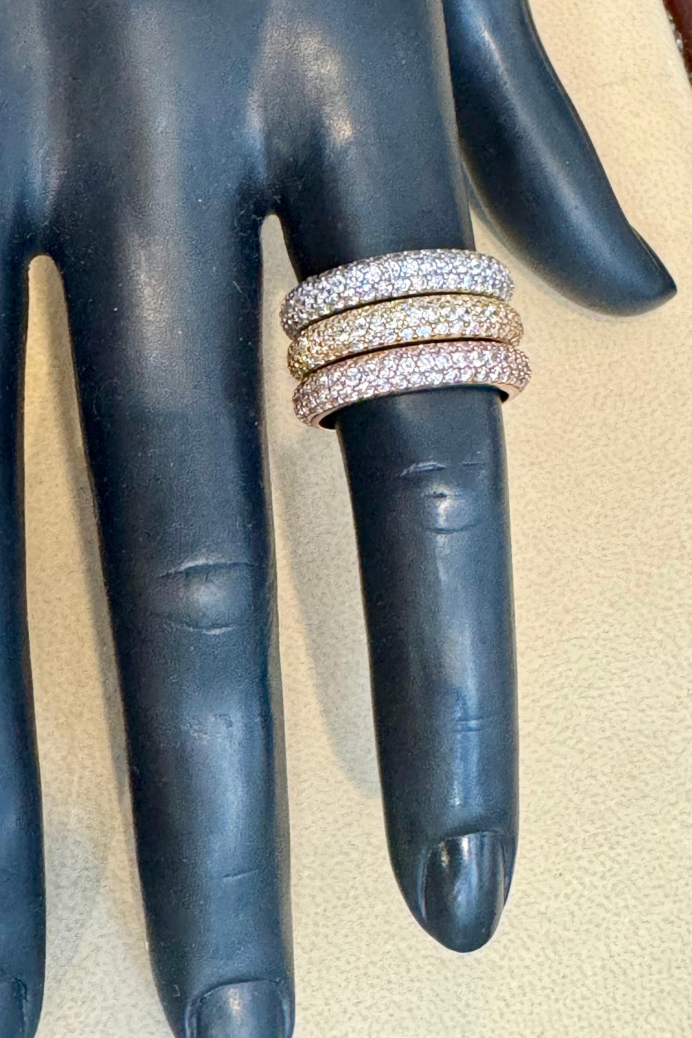 3 Carat Pave Set Diamond 3 Band in 14 Karat  White , Yellow & Pink Gold , Size 7 For Sale 6