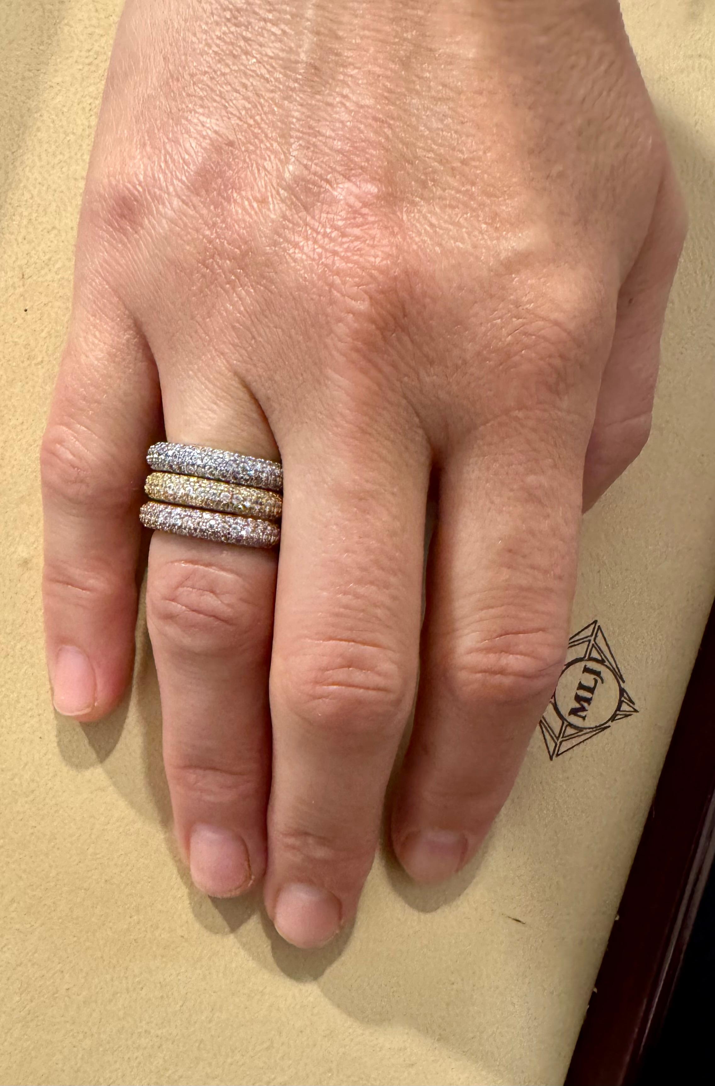 3 Carat Pave Set Diamond 3 Band in 14 Karat  Or blanc, jaune et rose, Taille 7 en vente 9