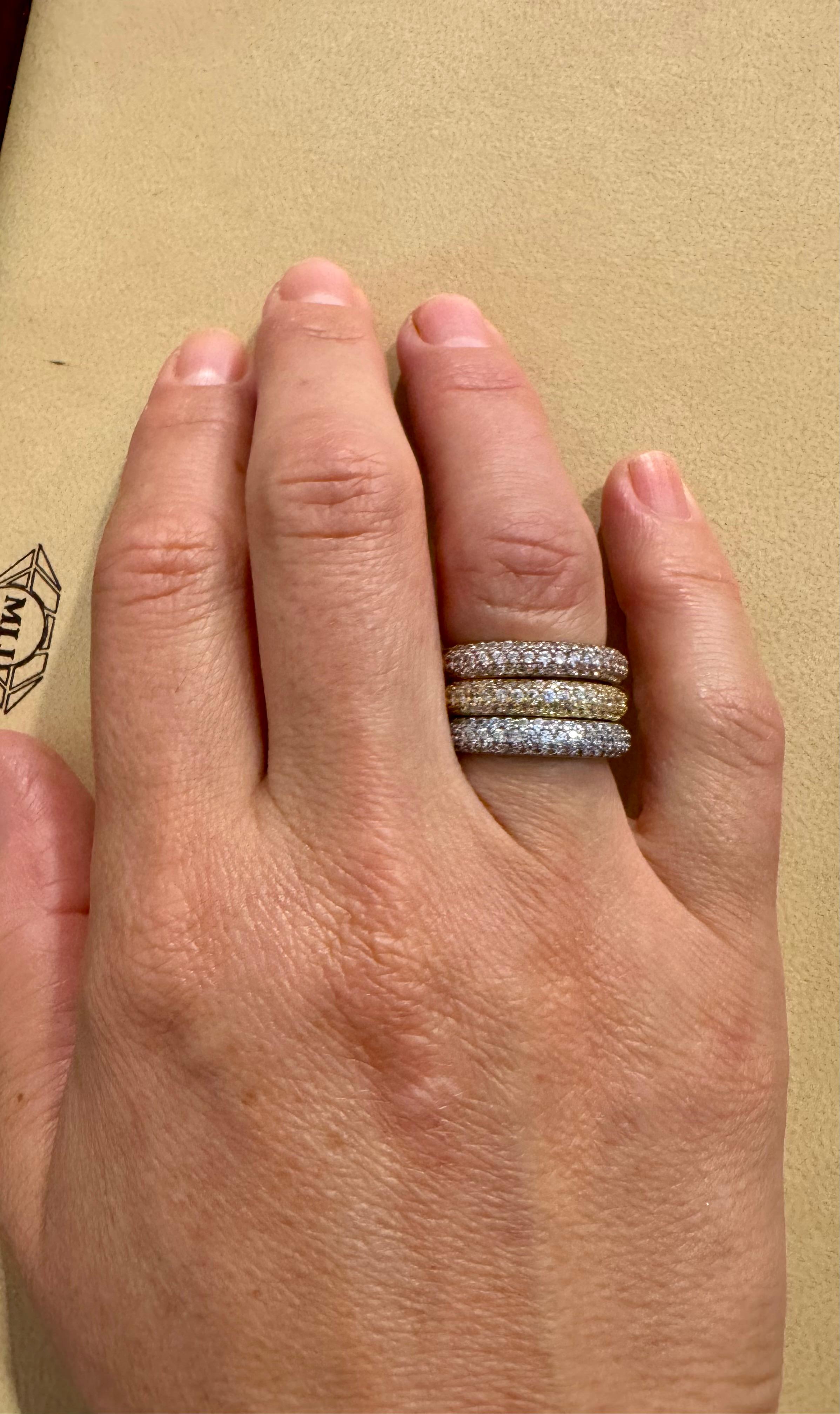 3 Carat Pave Set Diamond 3 Band in 14 Karat  Or blanc, jaune et rose, Taille 7 en vente 11