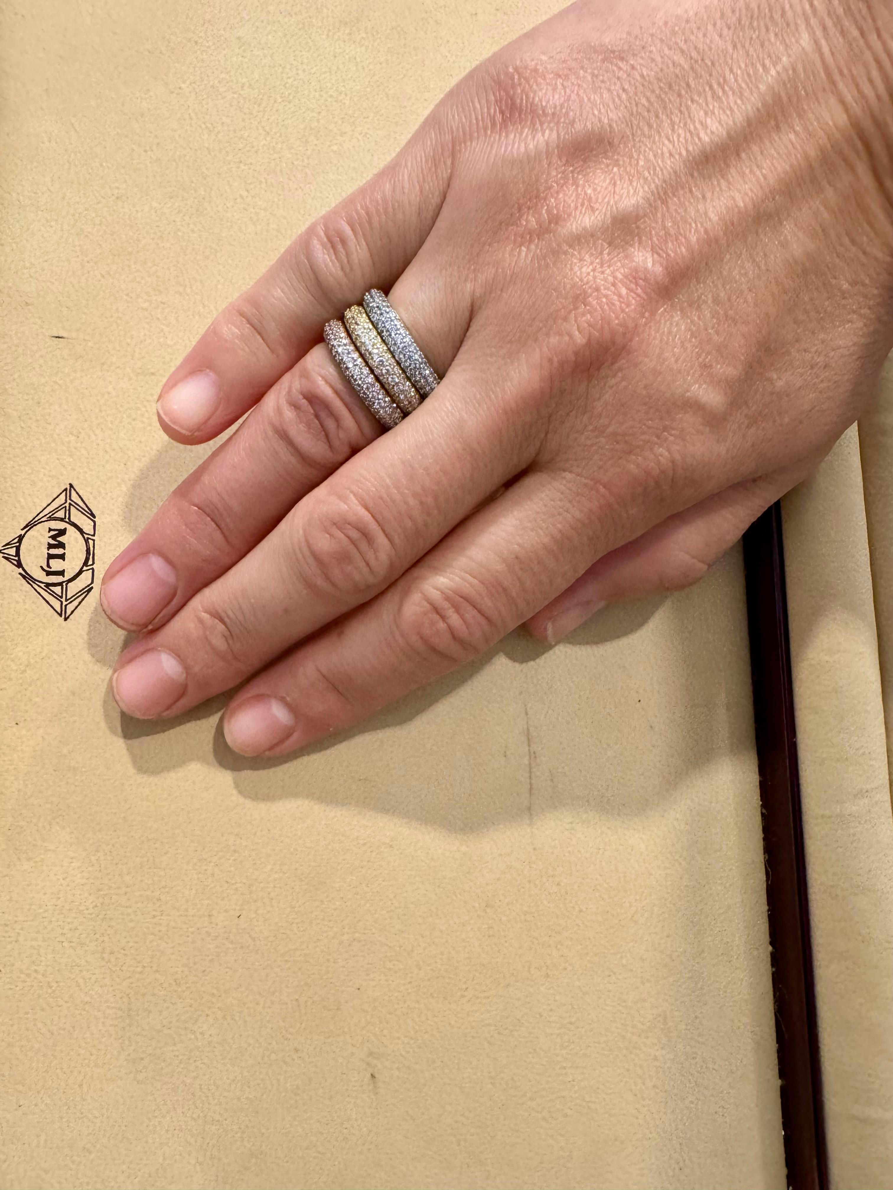 3 Carat Pave Set Diamond 3 Band in 14 Karat  Or blanc, jaune et rose, Taille 7 en vente 13