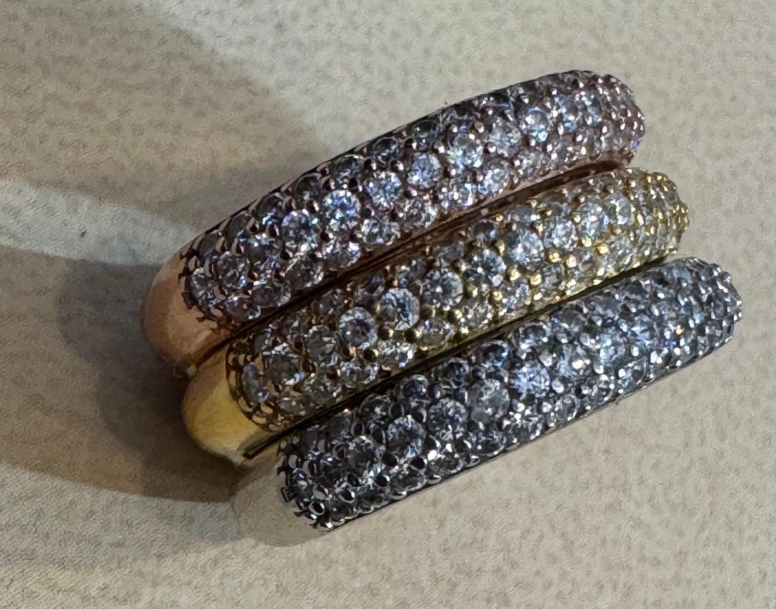 Round Cut 3 Carat Pave Set Diamond 3 Band in 14 Karat  White , Yellow & Pink Gold , Size 7 For Sale