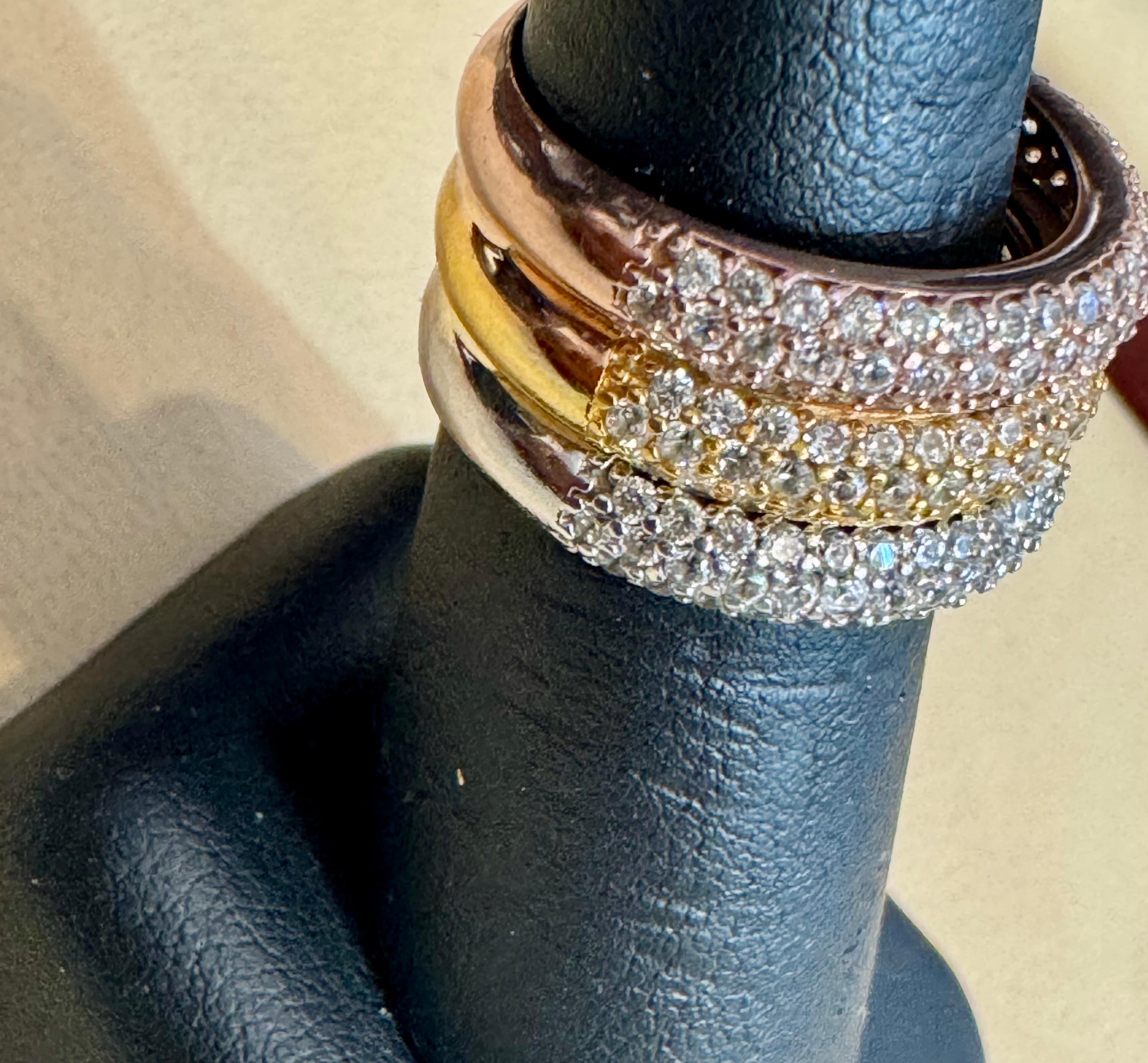 3 Carat Pave Set Diamond 3 Band in 14 Karat  White , Yellow & Pink Gold , Size 7 In Excellent Condition For Sale In New York, NY