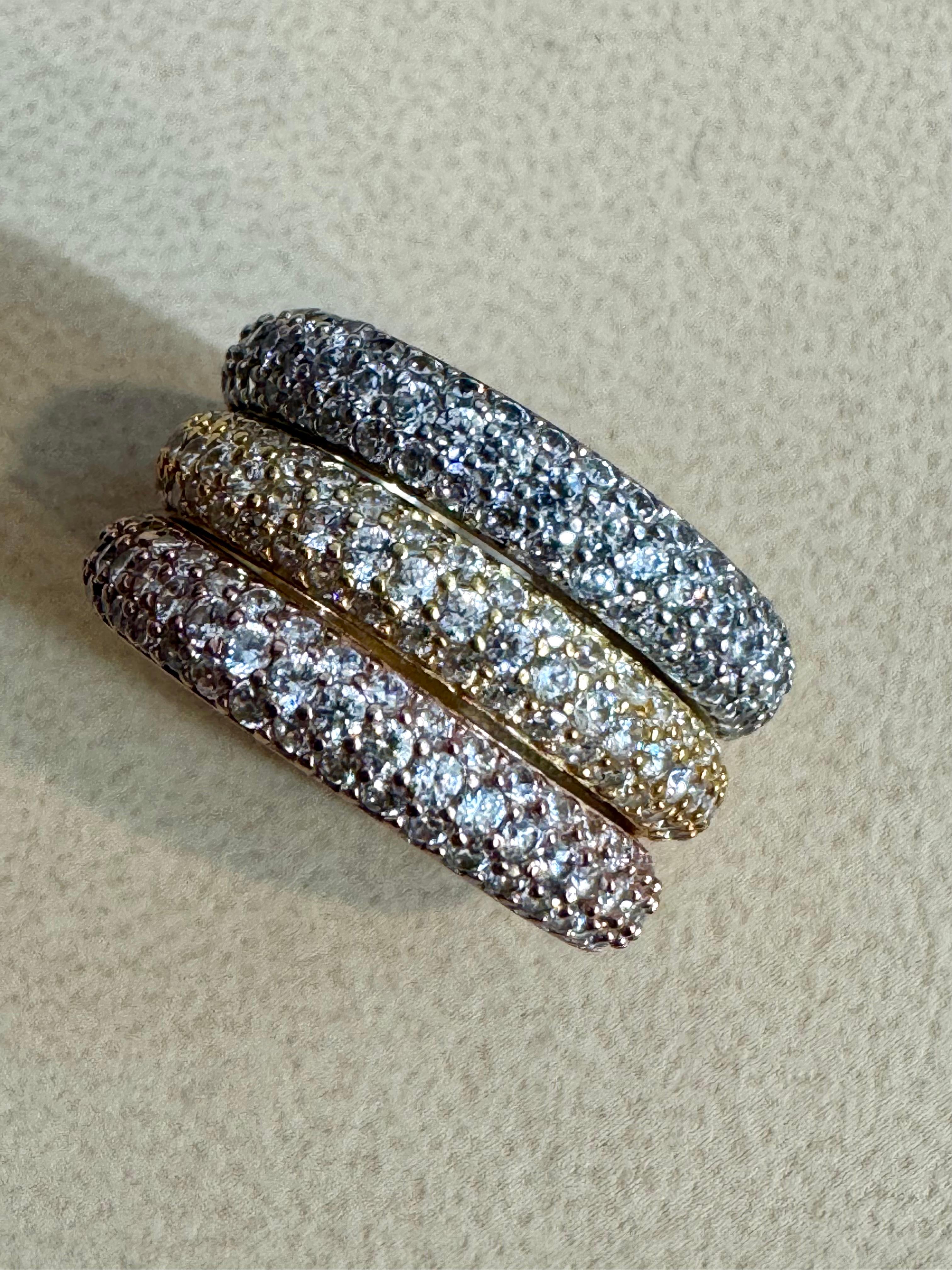 Women's 3 Carat Pave Set Diamond 3 Band in 14 Karat  White , Yellow & Pink Gold , Size 7 For Sale