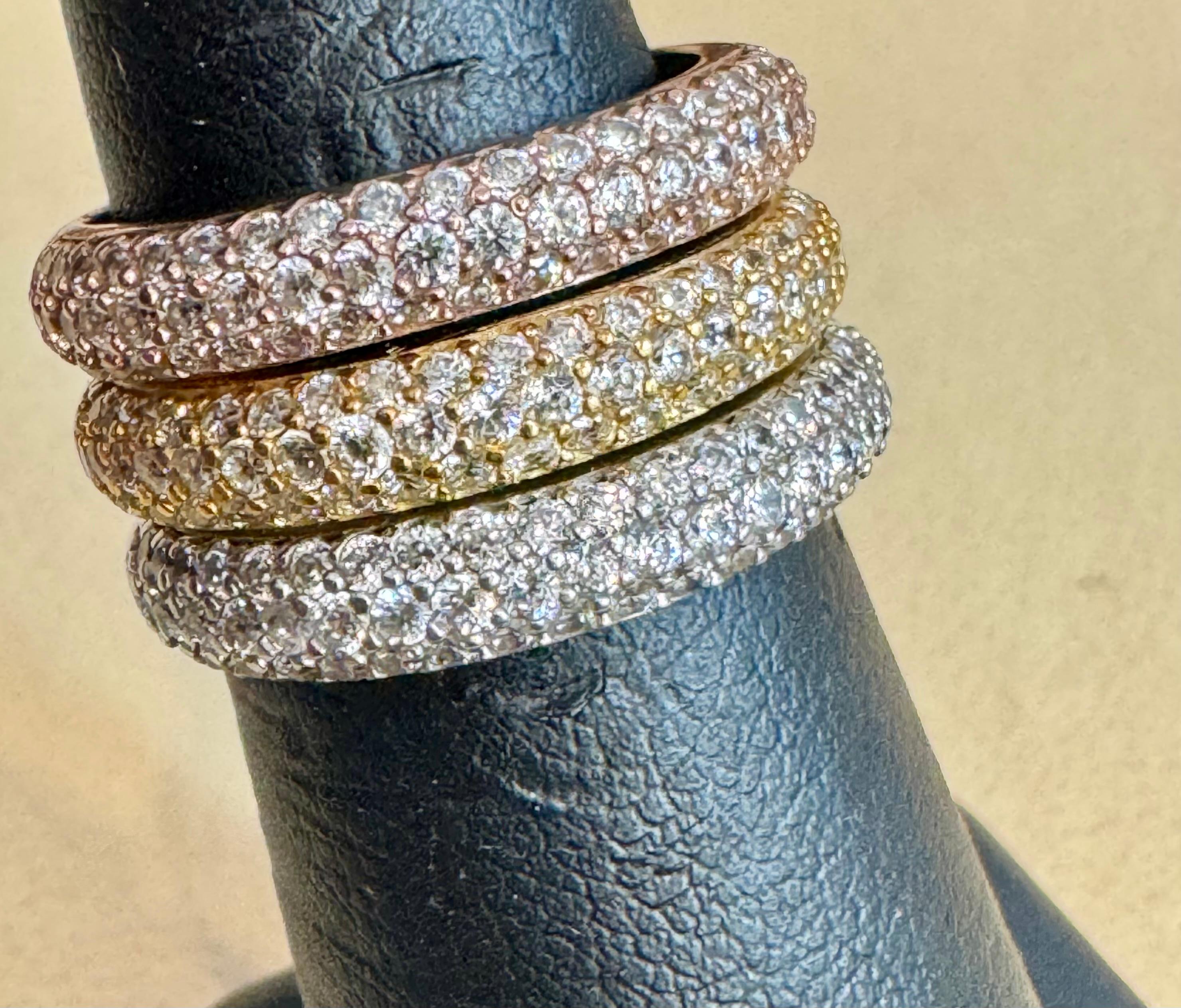 3 Carat Pave Set Diamond 3 Band in 14 Karat  White , Yellow & Pink Gold , Size 7 For Sale 1