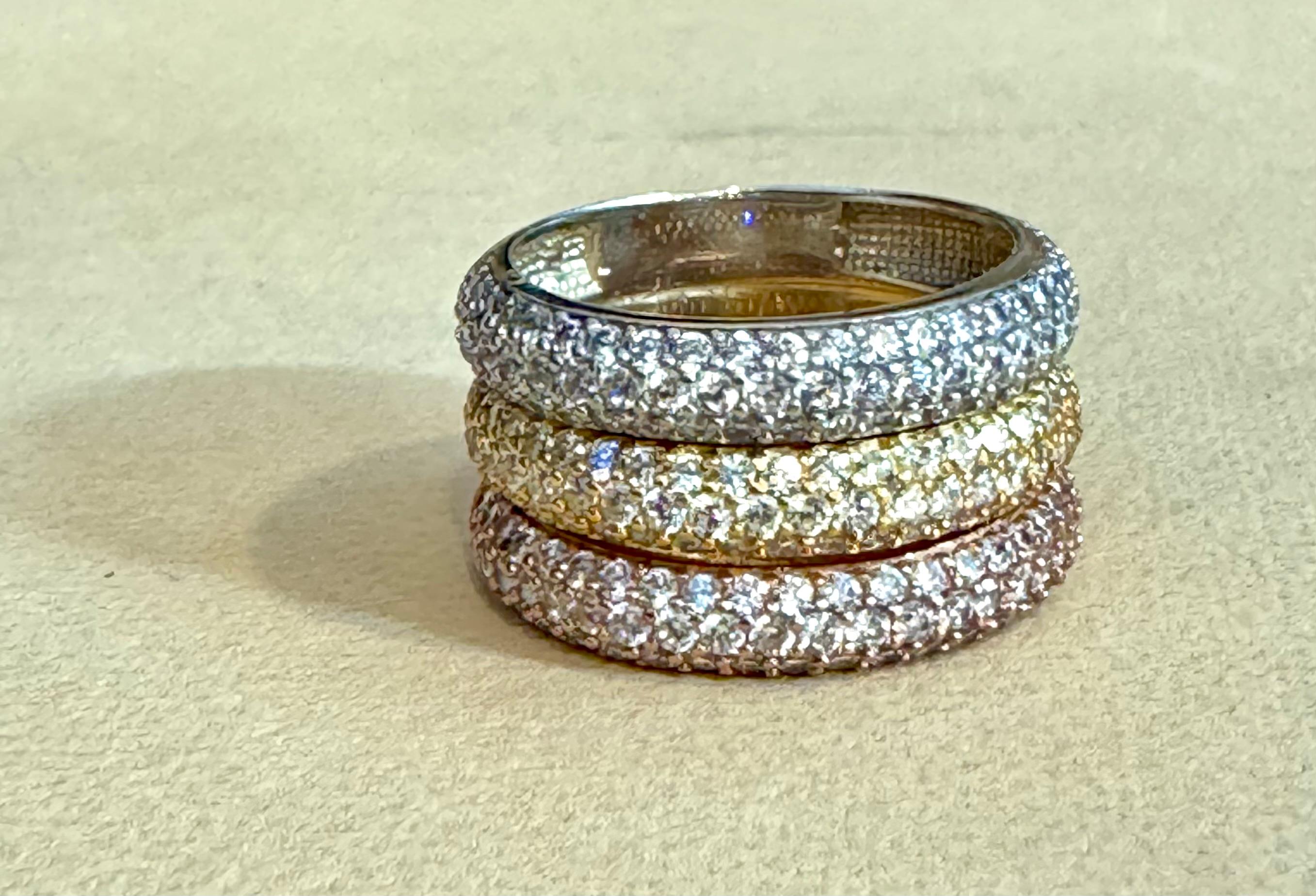 3 Carat Pave Set Diamond 3 Band in 14 Karat  White , Yellow & Pink Gold , Size 7 For Sale 2