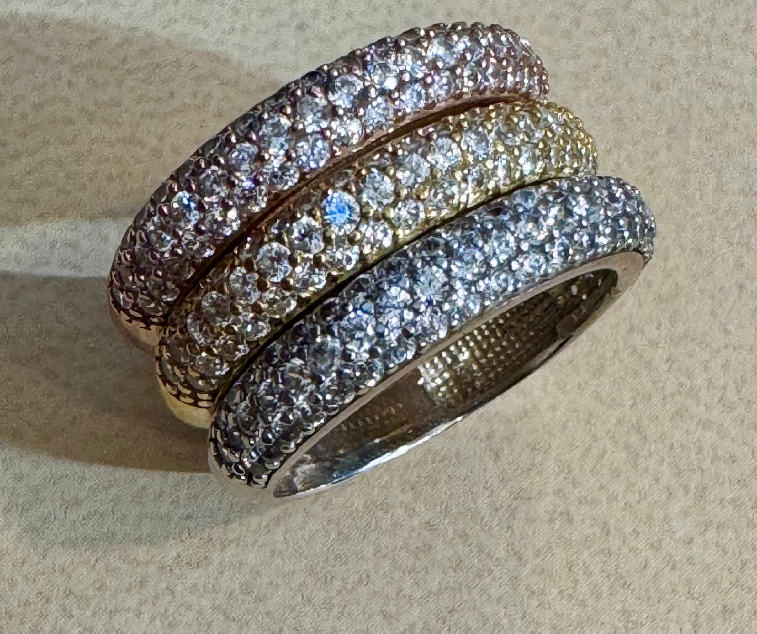3 Carat Pave Set Diamond 3 Band in 14 Karat  White , Yellow & Pink Gold , Size 7 For Sale 4