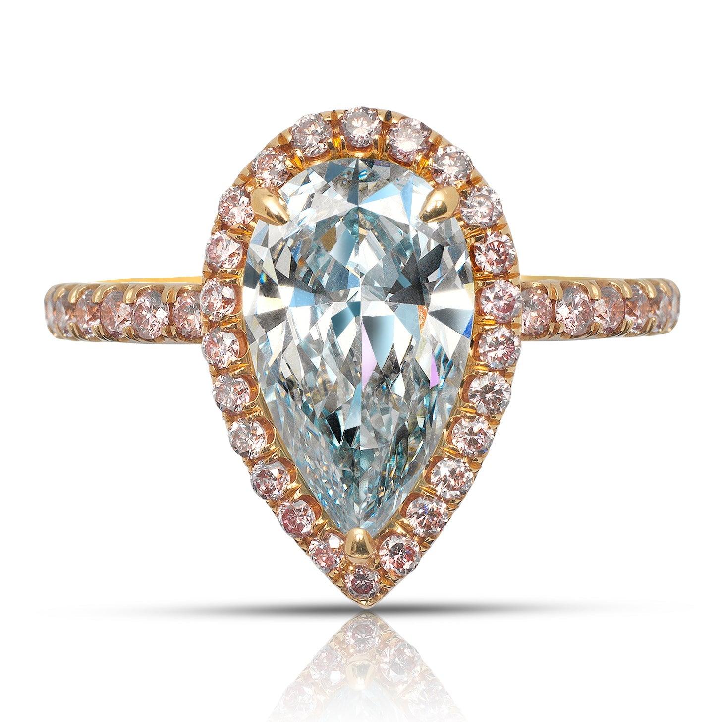 MERR - PEAR SHAPE FANCY INTENSE GREEN BLUE DIAMOND ENGAGEMENT RING BY MIKE NEKTA
GIA CERTIFIED

Center Diamond
Carat Weight: 2 Carats
Color : FANCY INTENSE GREEN BLUE FIGB*
Clarity: VVS1
Style: PEAR BRIILLIANT
Approximate Measurements: 12.1 x 7.1 x