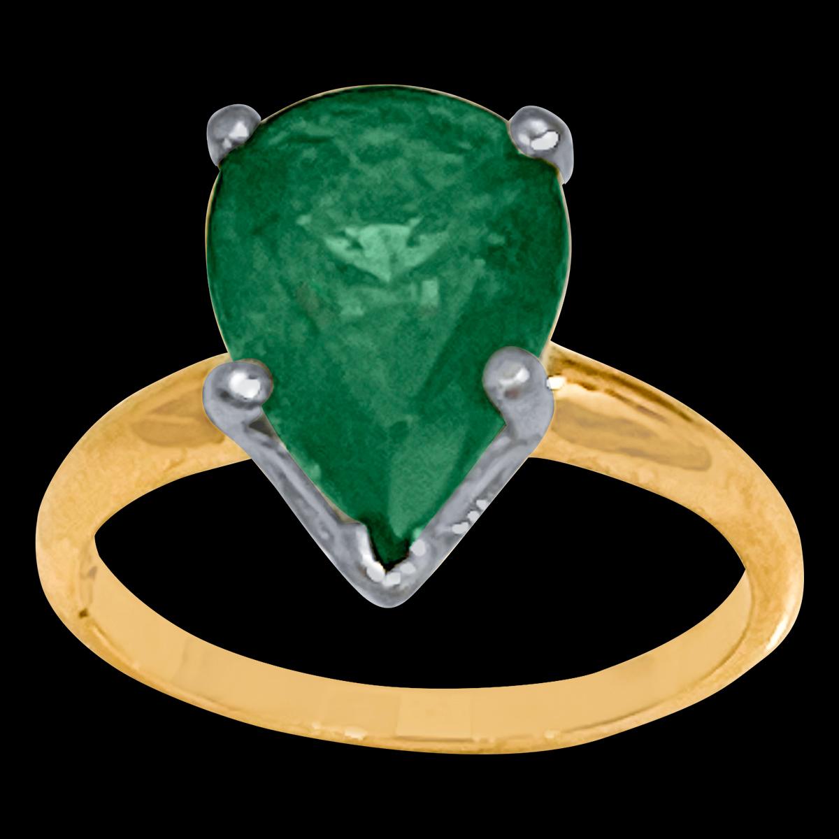 
Approximately 3 Carat Pear Cut Natural Emerald Ring 14 Karat Yellow & White Gold Size 5.2
Pear shape  Emerald Ring
Prong area is in white gold and band is in yellow gold.
 Emeralds are very precious , Very Difficult to find and getting more more