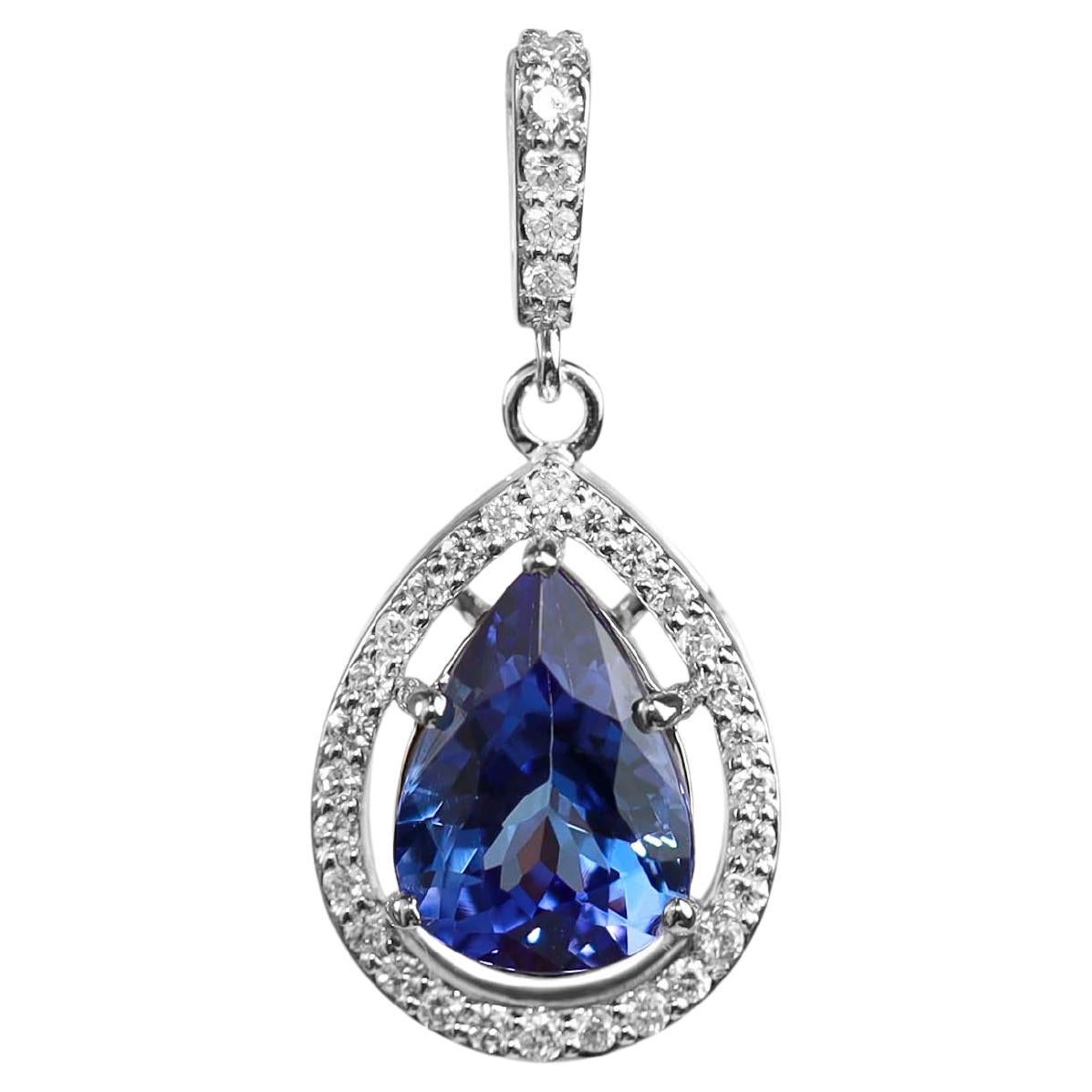 3 Carat Pear Cut Tanzanite and diamond pendant For Sale