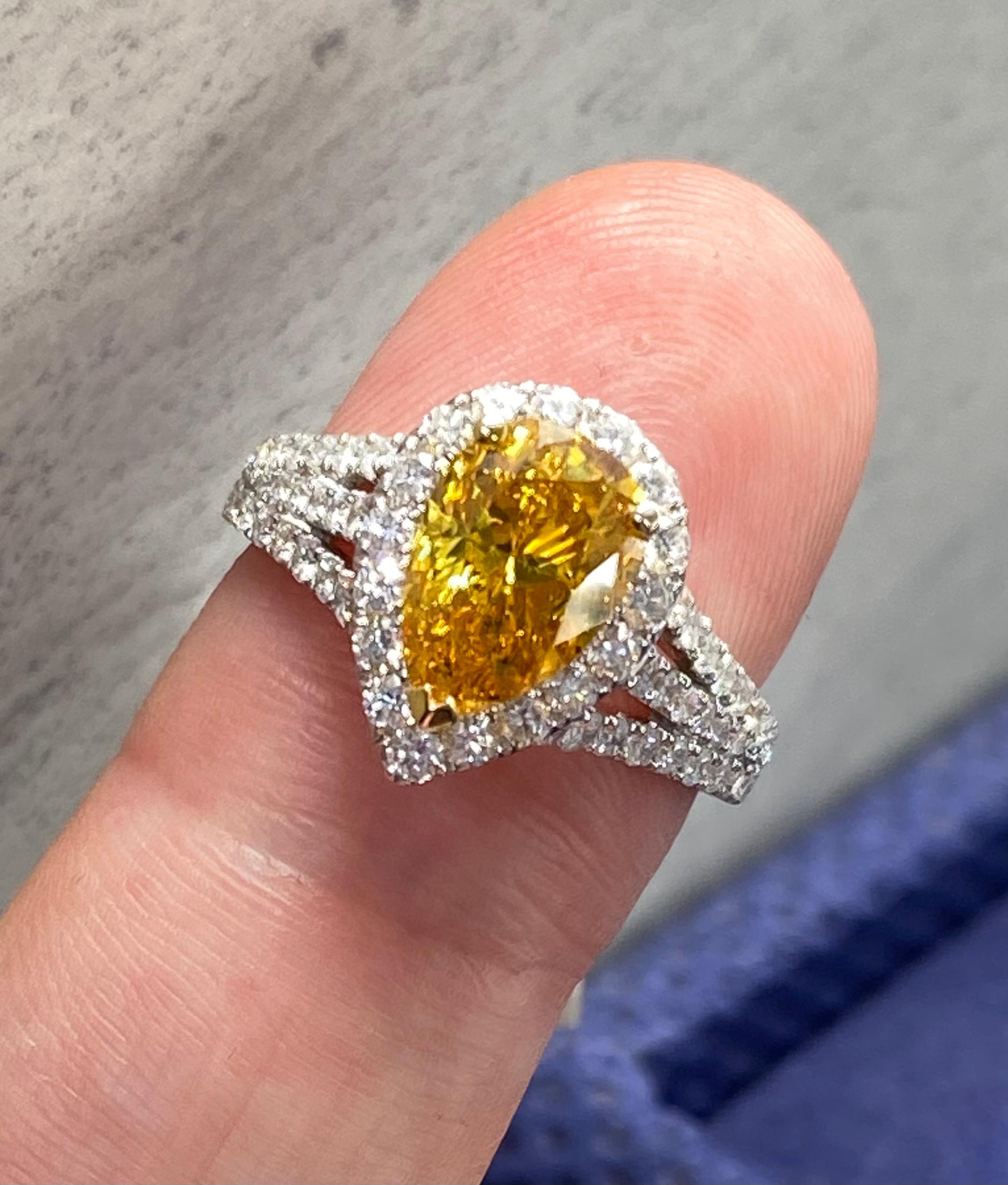 3ct Fancy Vivid Yellow-Orange Pear Shape Diamond Engagement Ring Certified GIA For Sale 1