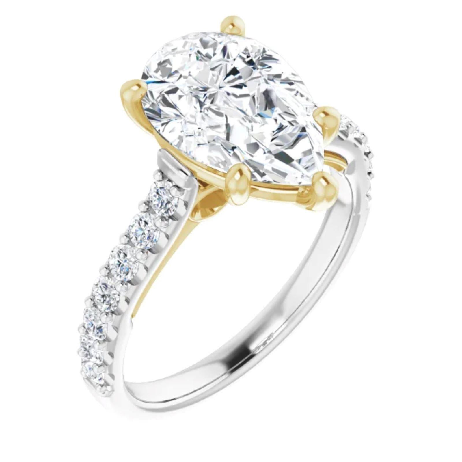 Modern 3 carat pear shaped engagement ring. For Sale