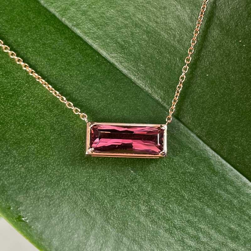 Pink Tourmaline Box Pendant
We've set one of our pink tourmalines into a rose gold box pendant. Simplicity is one of our favorite expressions of elegance, we like to let the jewelry speak for itself.
Pink rectangular mix brilliant cut tourmaline