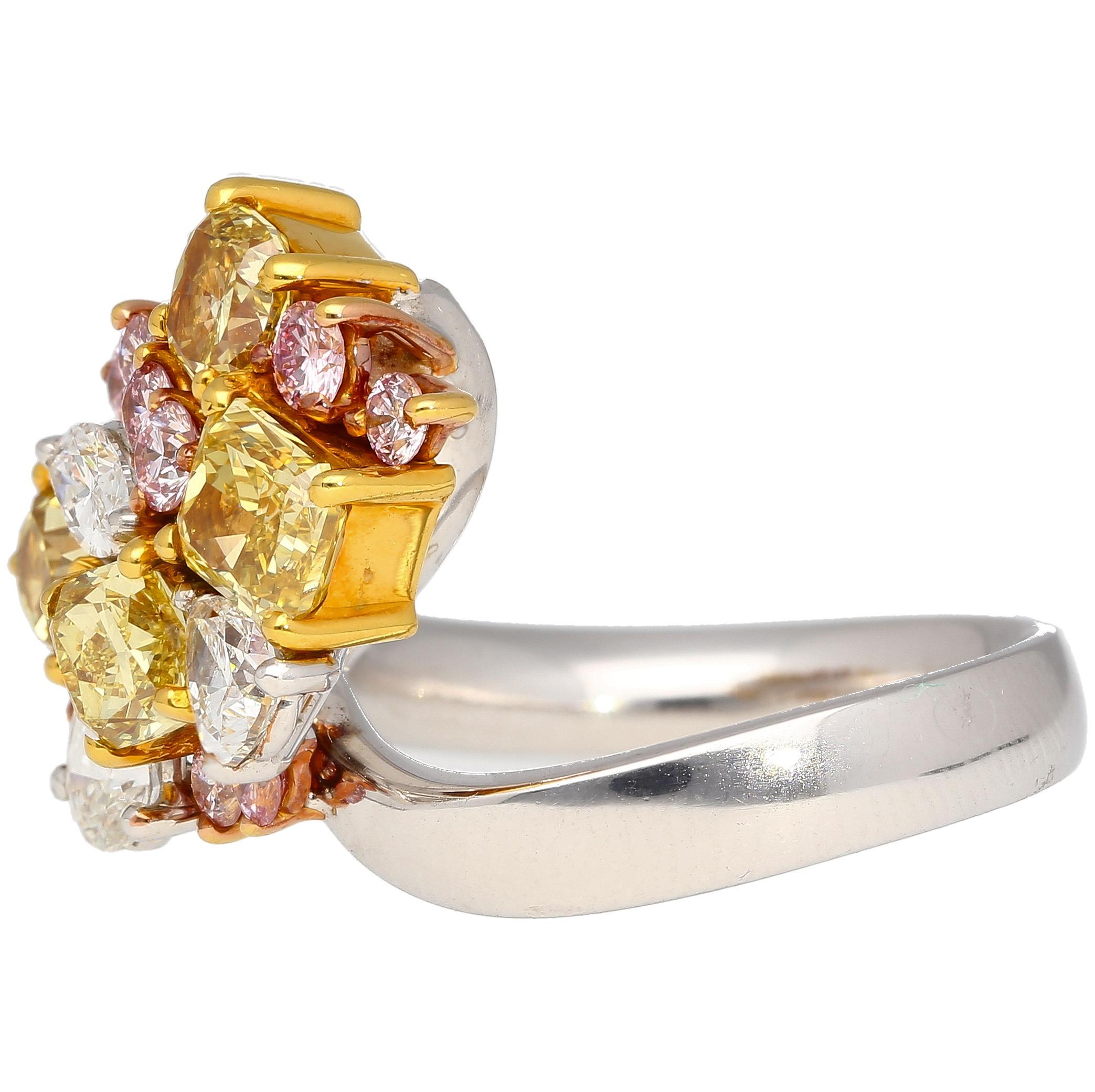 3 Carat Pink, Yellow, White Multi Cut Diamond Cluster Platinum And 18K Gold Ring For Sale 4