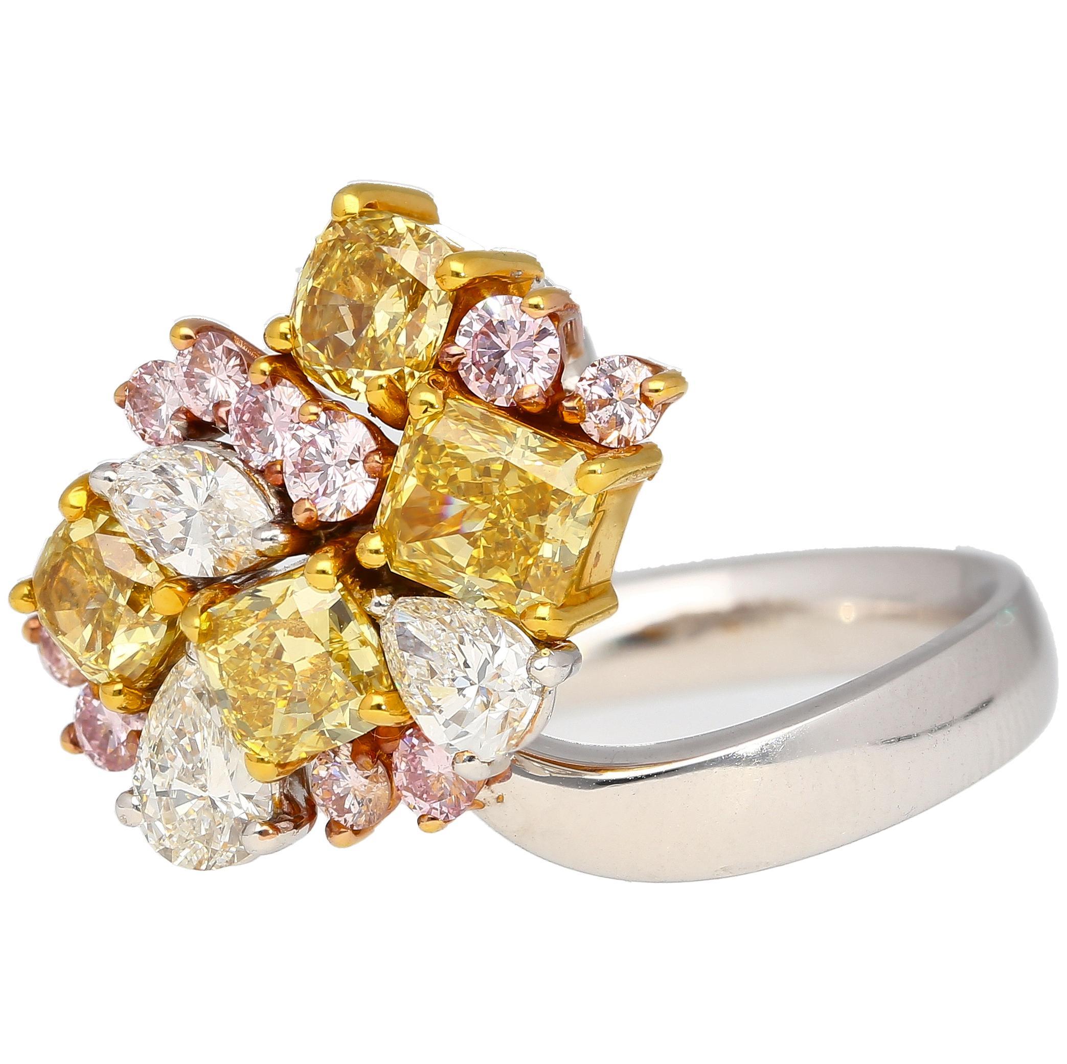 3 Carat Pink, Yellow, White Multi Cut Diamond Cluster Platinum And 18K Gold Ring For Sale 5