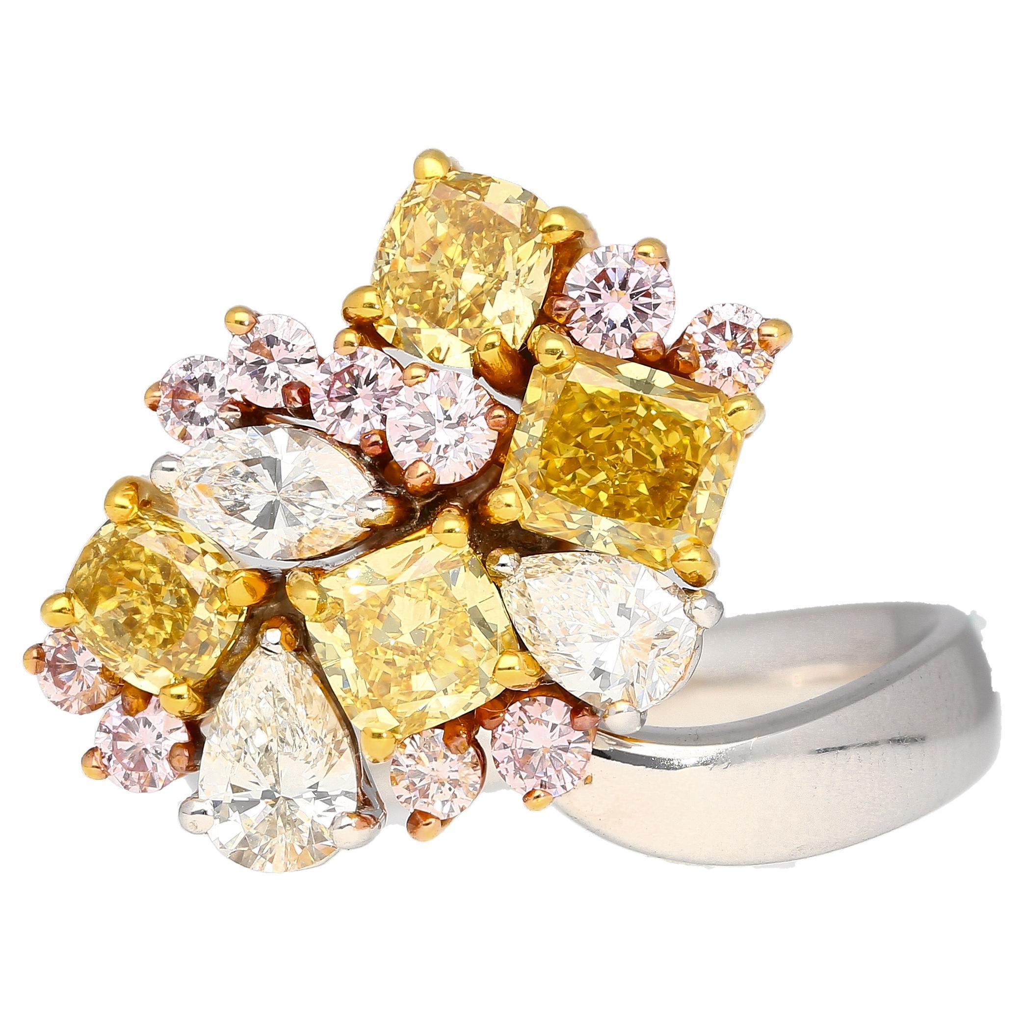 3 Carat Pink, Yellow, White Multi Cut Diamond Cluster Platinum And 18K Gold Ring For Sale 6