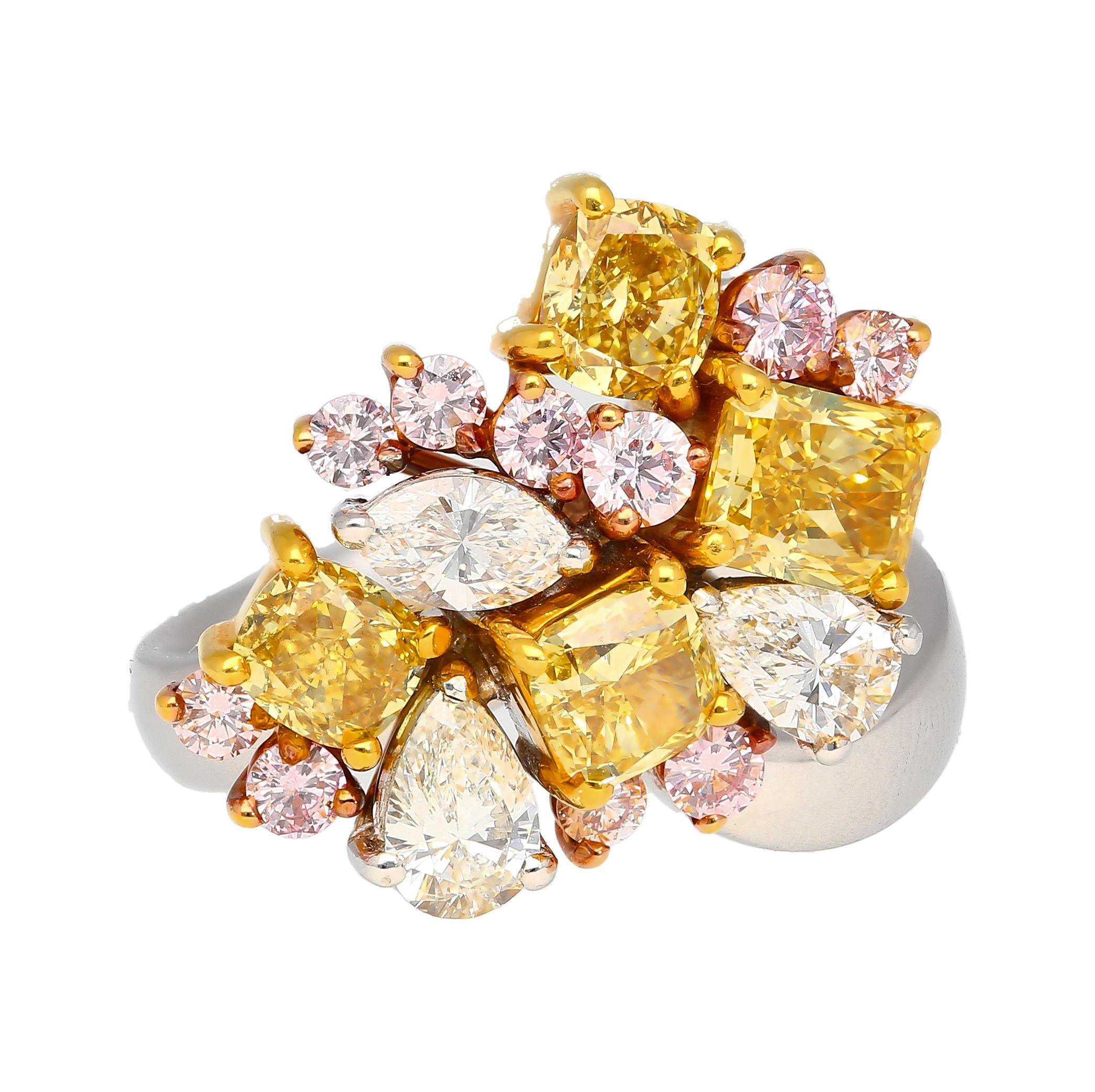 3 Carat Pink, Yellow, White Multi Cut Diamond Cluster Platinum And 18K Gold Ring For Sale 7