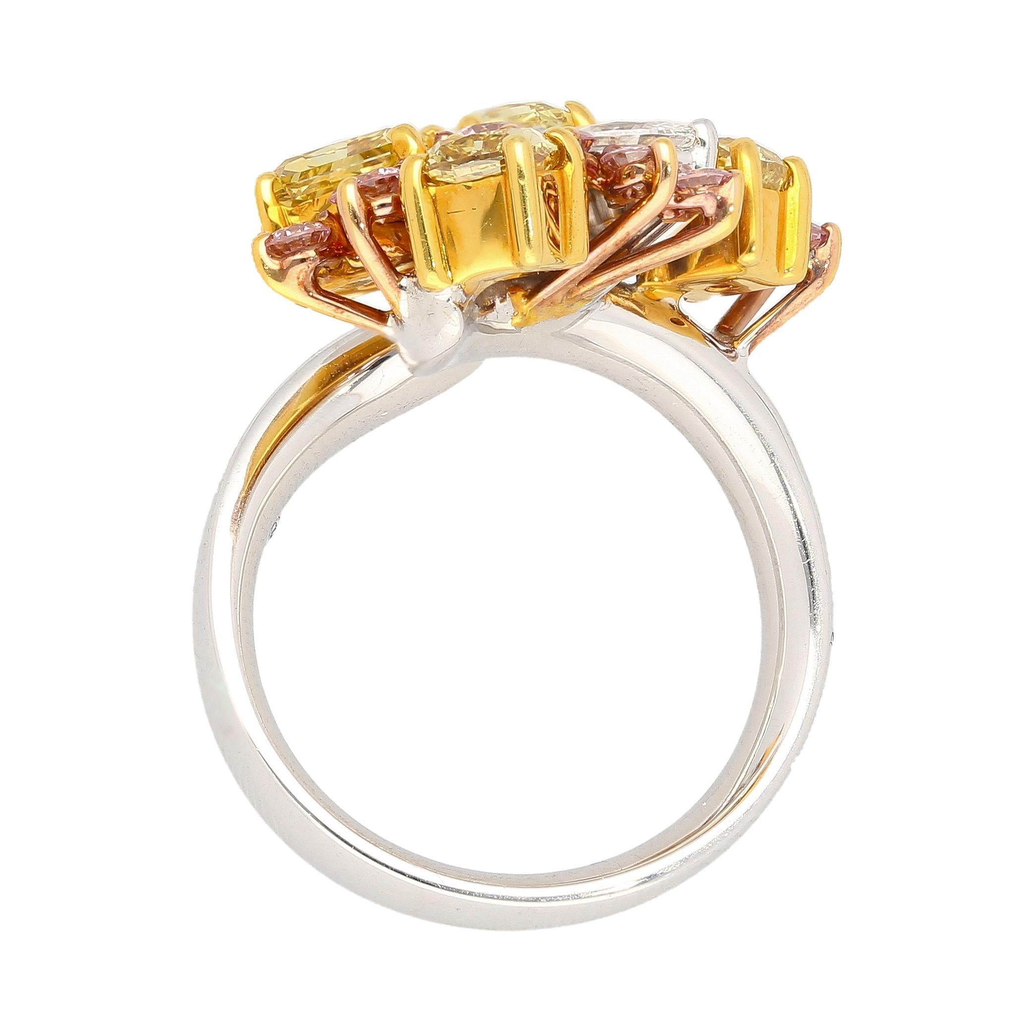 Modern 3 Carat Pink, Yellow, White Multi Cut Diamond Cluster Platinum And 18K Gold Ring For Sale