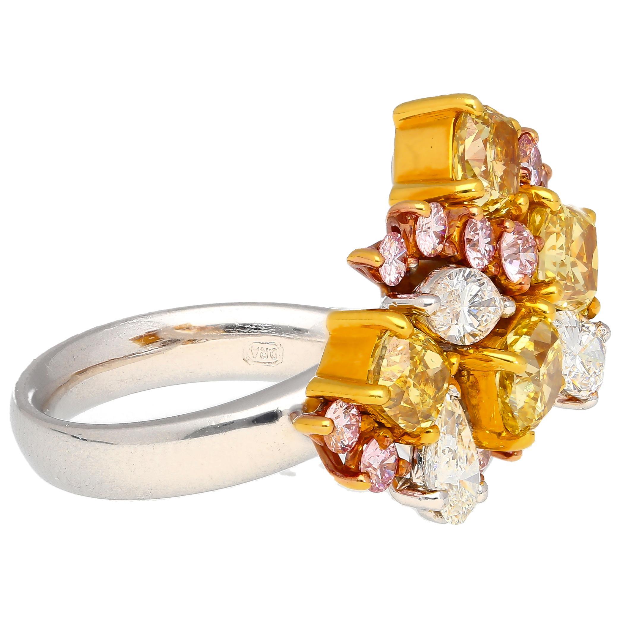 Cushion Cut 3 Carat Pink, Yellow, White Multi Cut Diamond Cluster Platinum And 18K Gold Ring For Sale