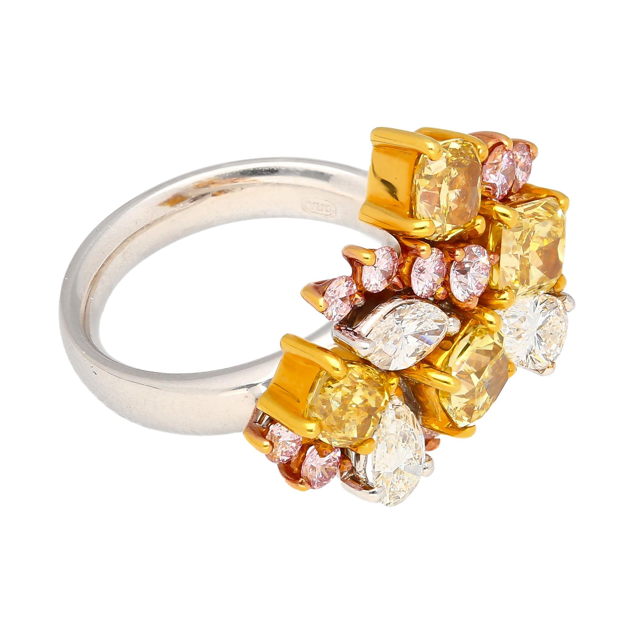 3 Carat Pink, Yellow, White Multi Cut Diamond Cluster Platinum And 18K Gold Ring In New Condition For Sale In Miami, FL