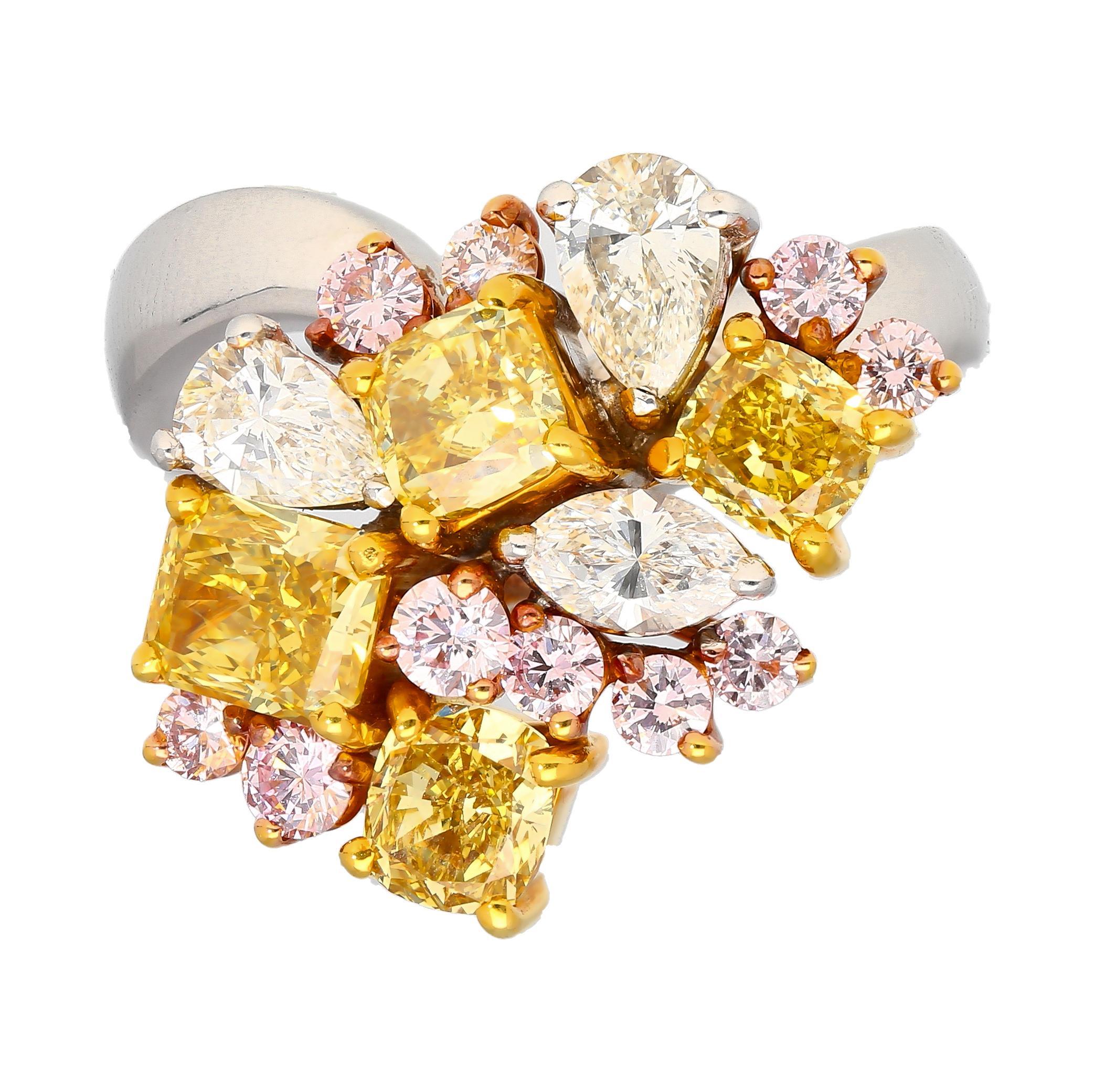 Women's 3 Carat Pink, Yellow, White Multi Cut Diamond Cluster Platinum And 18K Gold Ring For Sale