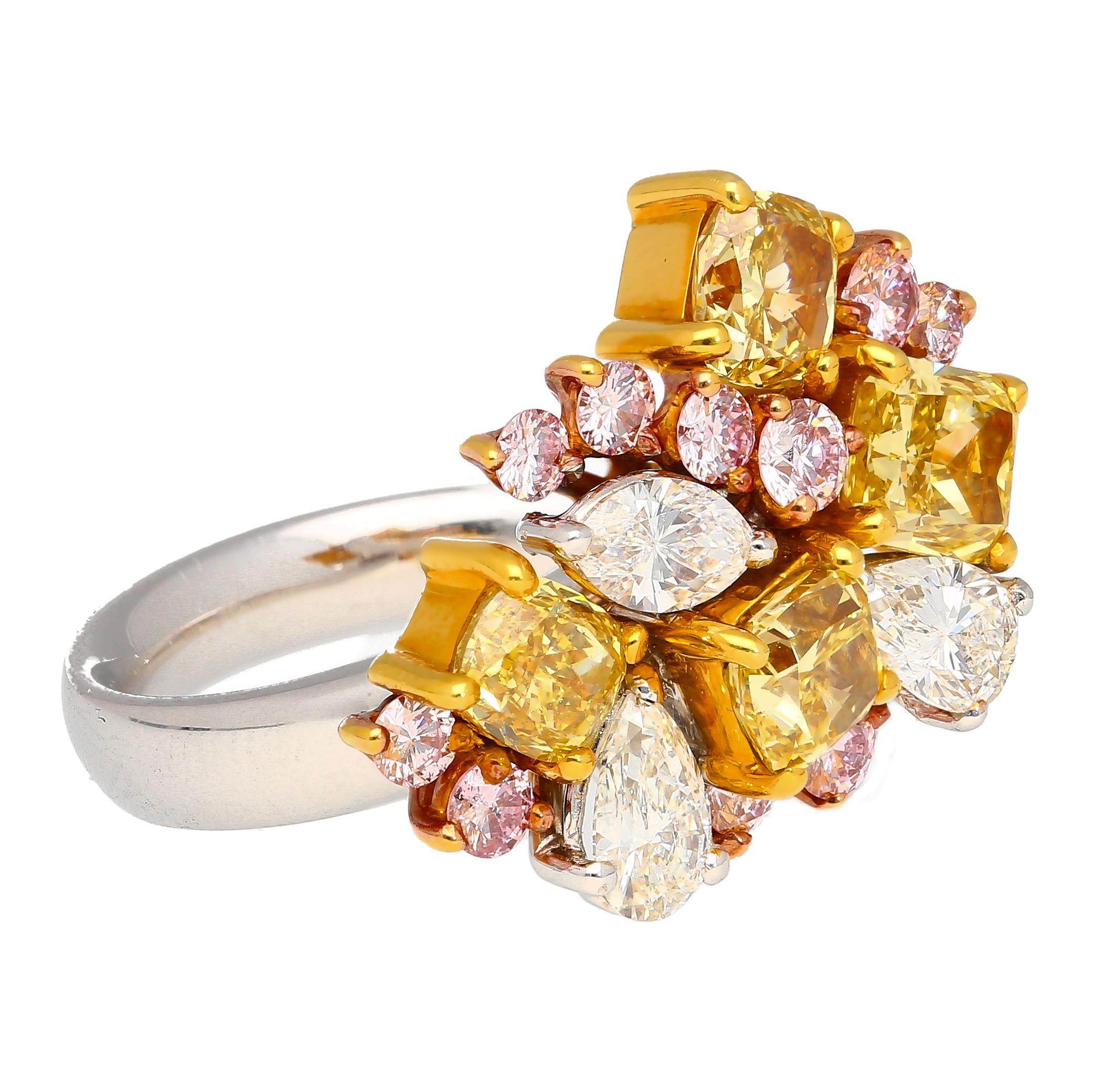 3 Carat Pink, Yellow, White Multi Cut Diamond Cluster Platinum And 18K Gold Ring For Sale 1