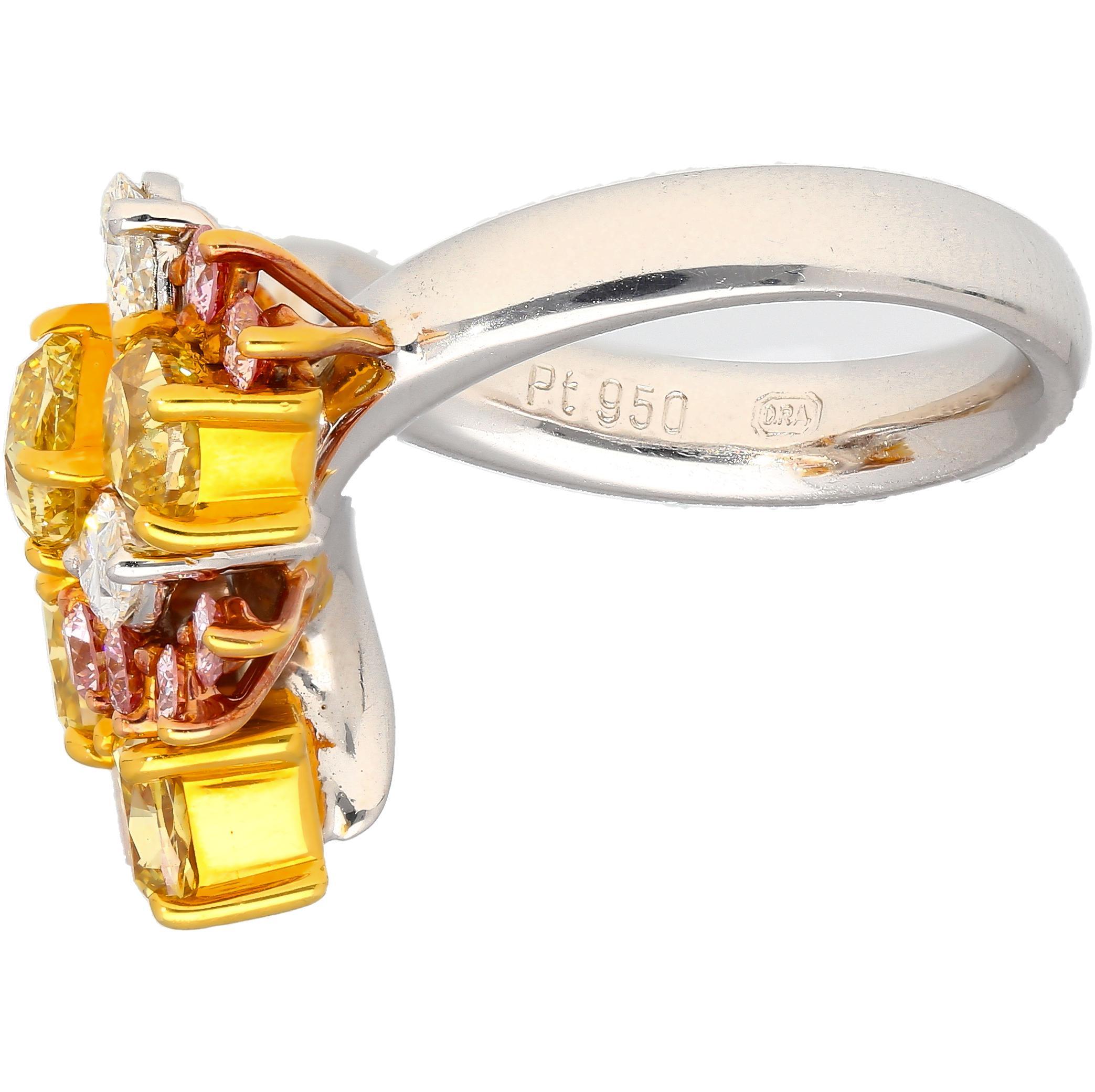 3 Carat Pink, Yellow, White Multi Cut Diamond Cluster Platinum And 18K Gold Ring For Sale 2