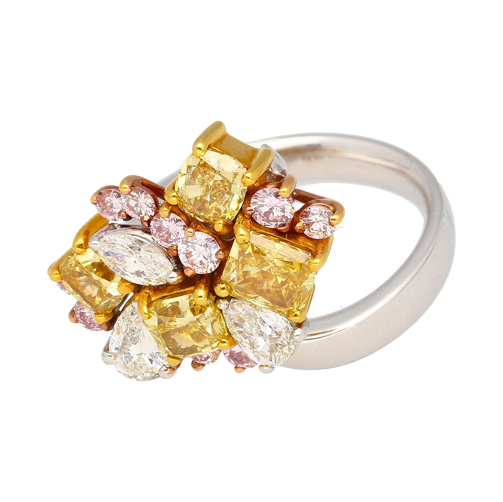 3 Carat Pink, Yellow, White Multi Cut Diamond Cluster Platinum And 18K Gold Ring For Sale 3