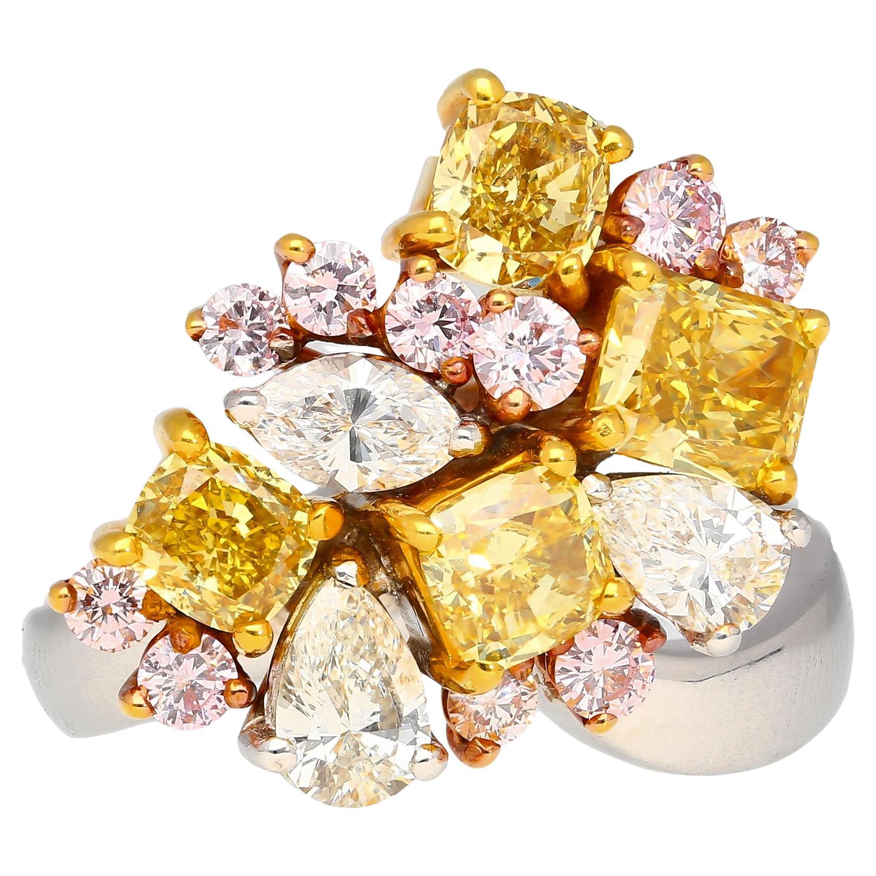 3 Carat Pink, Yellow, White Multi Cut Diamond Cluster Platinum And 18K Gold Ring For Sale