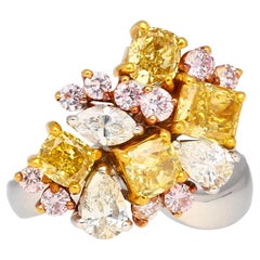 3 Carat Pink, Yellow, White Multi Cut Diamond Cluster Platinum And 18K Gold Ring