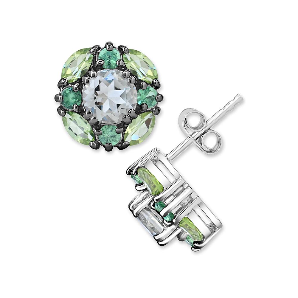 Indulge in the beauty of nature with our Prasiolite, Tsavorite and Peridot Stud Earrings in Sterling Silver. Each earring features a mesmerizing combination of one round prasiolite, four round tsavorite, and four marquise peridot gemstones. These