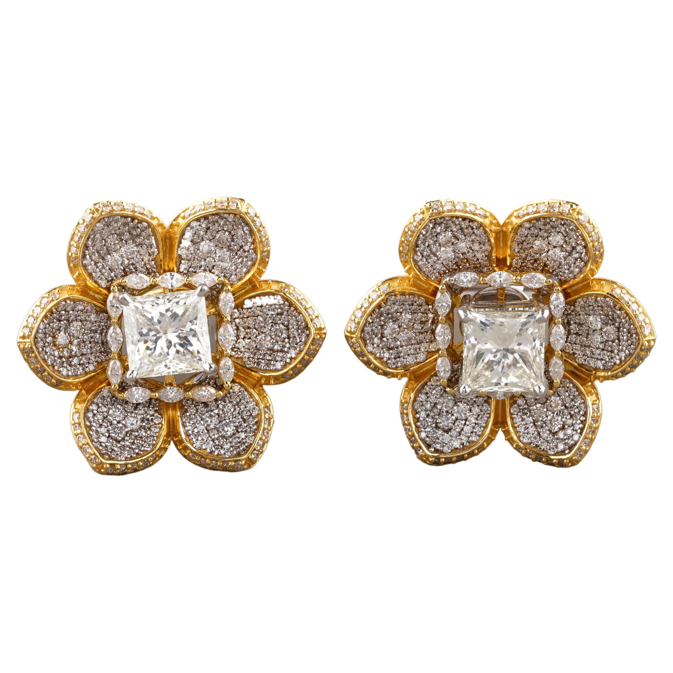 3 Carat Princess Cut Solitaire Earrings with Floral Jackets in 18k Solid Gold