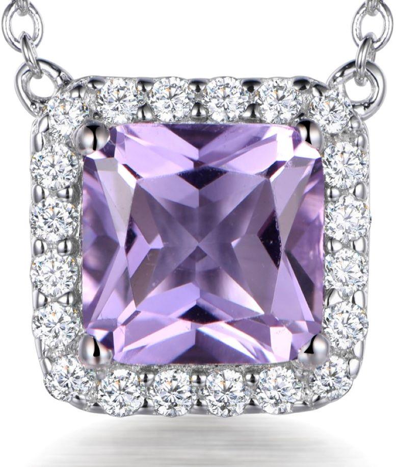 Smooth velvety tones emanate from this regal 3.00ct purple asscher cut cubic zirconia surrounded by 20 white round brilliant cuts.

Composed of 925 sterling silver with a high gloss white rhodium finish.

Chain measures 16ins with a 2ins