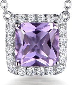 3 Carat Purple Cubic Zirconia Silver Halo Asscher Cut Pendant Necklace and Chain