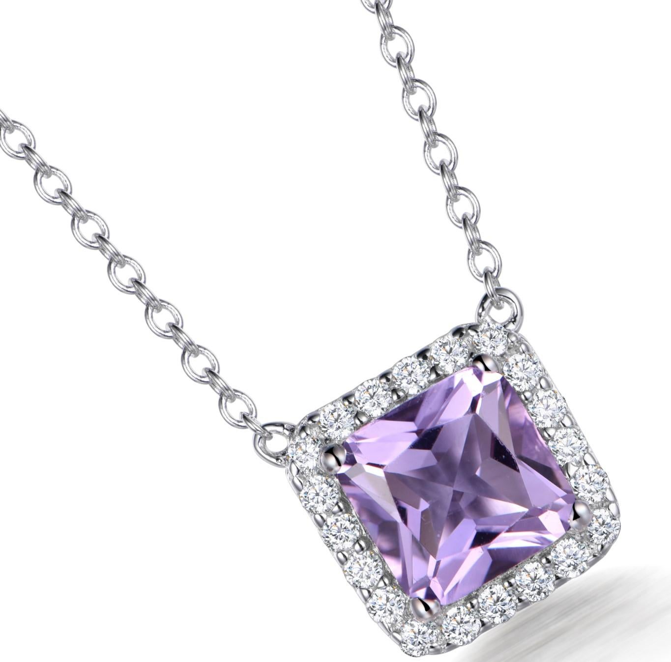 Art Deco 3 Carat Purple Cubic Zirconia Silver Halo Asscher Cut Pendant Necklace and Chain For Sale