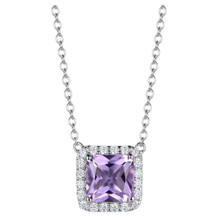 3 Carat Purple Cubic Zirconia Silver Halo Asscher Cut Pendant Necklace and Chain For Sale