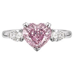 3 Carat Purplish Pink Heart Diamond Three Stone Engagement Ring