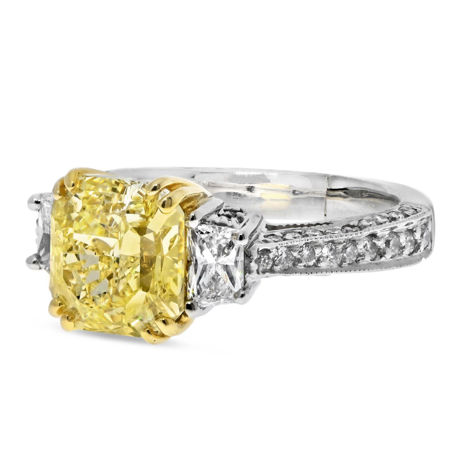 Modern 3 Carat Radiant Cut Diamond Fancy Yellow VS2 Clarity GIA Three Stone Engagement  For Sale