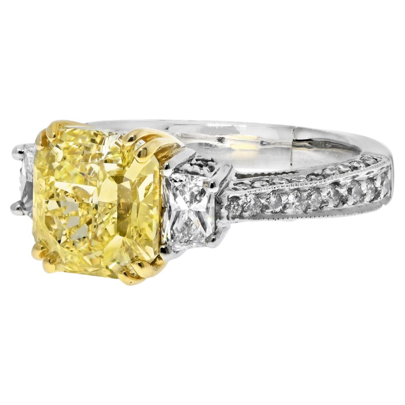 3 Carat Radiant Cut Diamond Fancy Yellow VS2 Clarity GIA Three Stone Engagement 