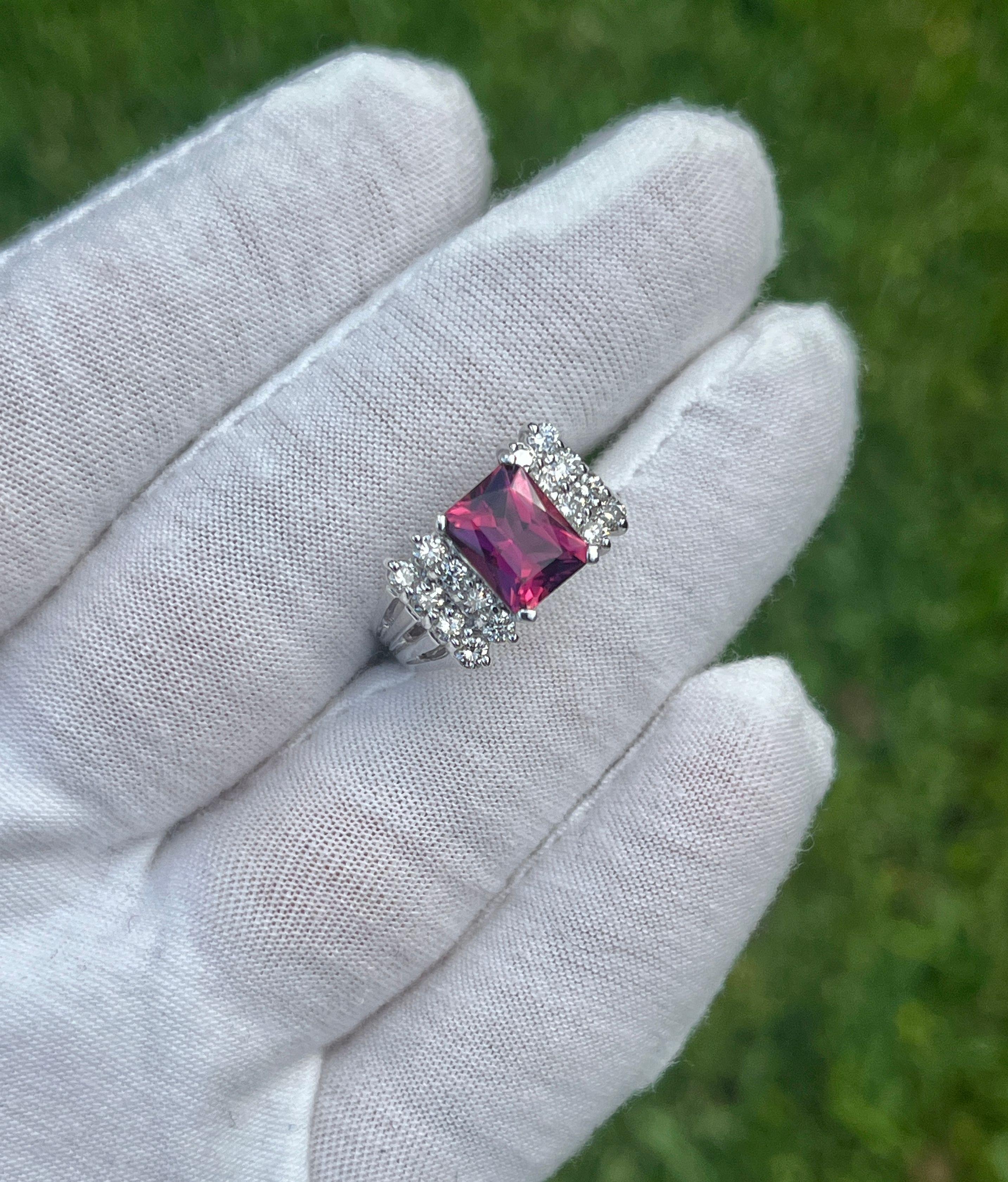 Art Deco 3 Carat Radiant Cut Vivid Pink/Purple Tourmaline & Diamond Cluster Platinum Ring For Sale