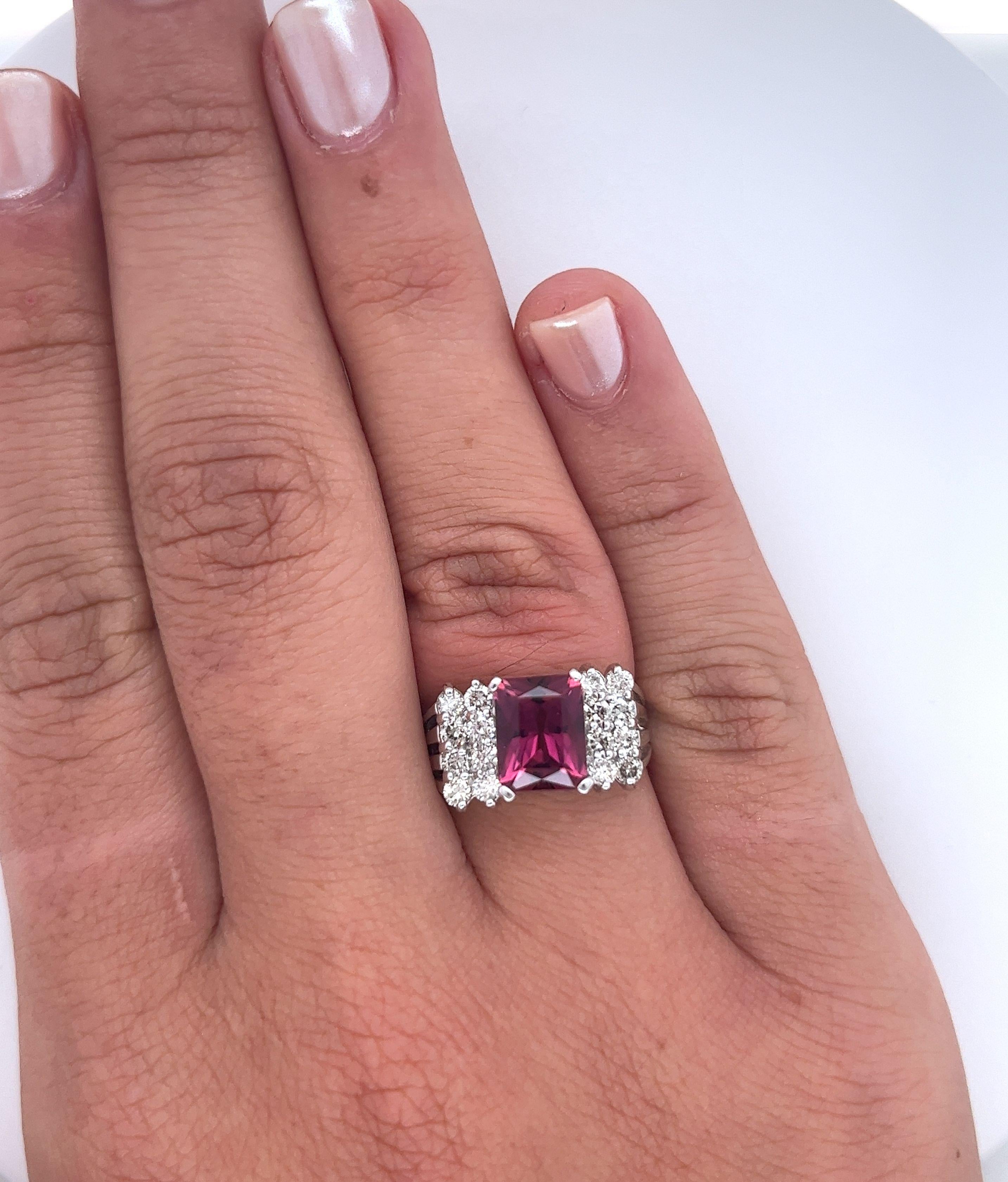 3 Carat Radiant Cut Vivid Pink/Purple Tourmaline & Diamond Cluster Platinum Ring In New Condition For Sale In Miami, FL
