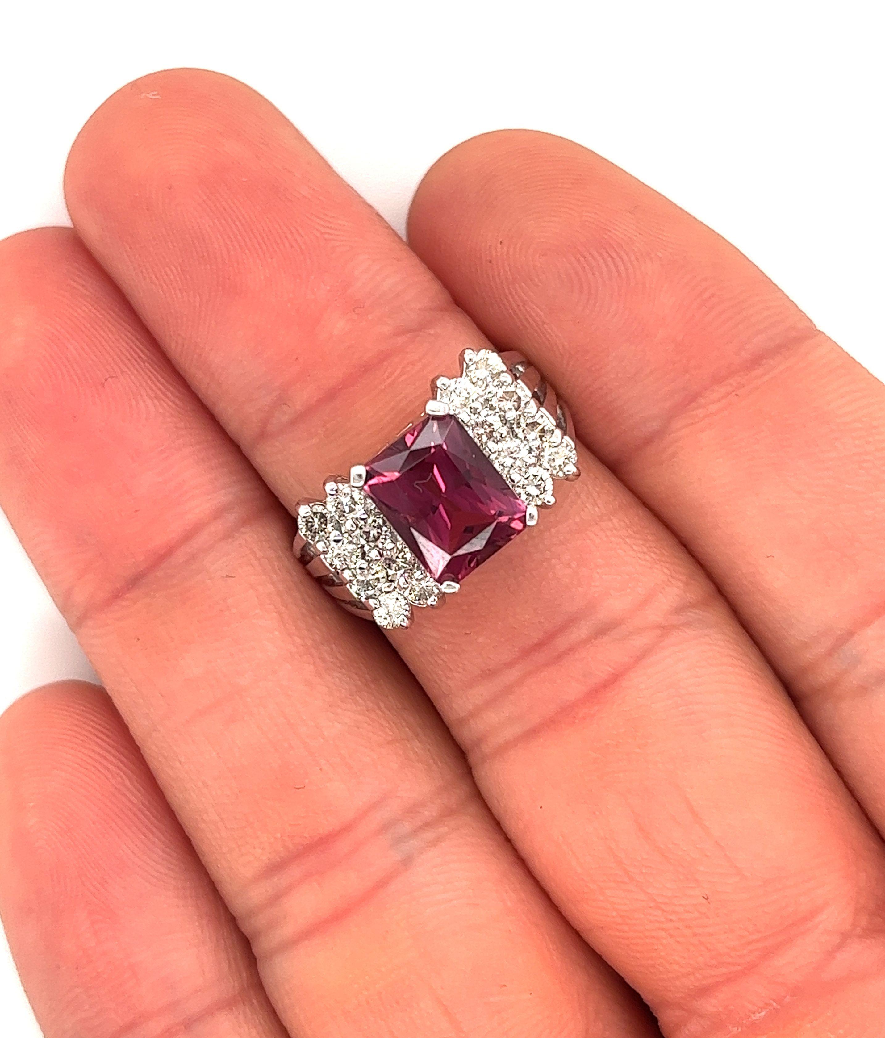 Women's 3 Carat Radiant Cut Vivid Pink/Purple Tourmaline & Diamond Cluster Platinum Ring For Sale