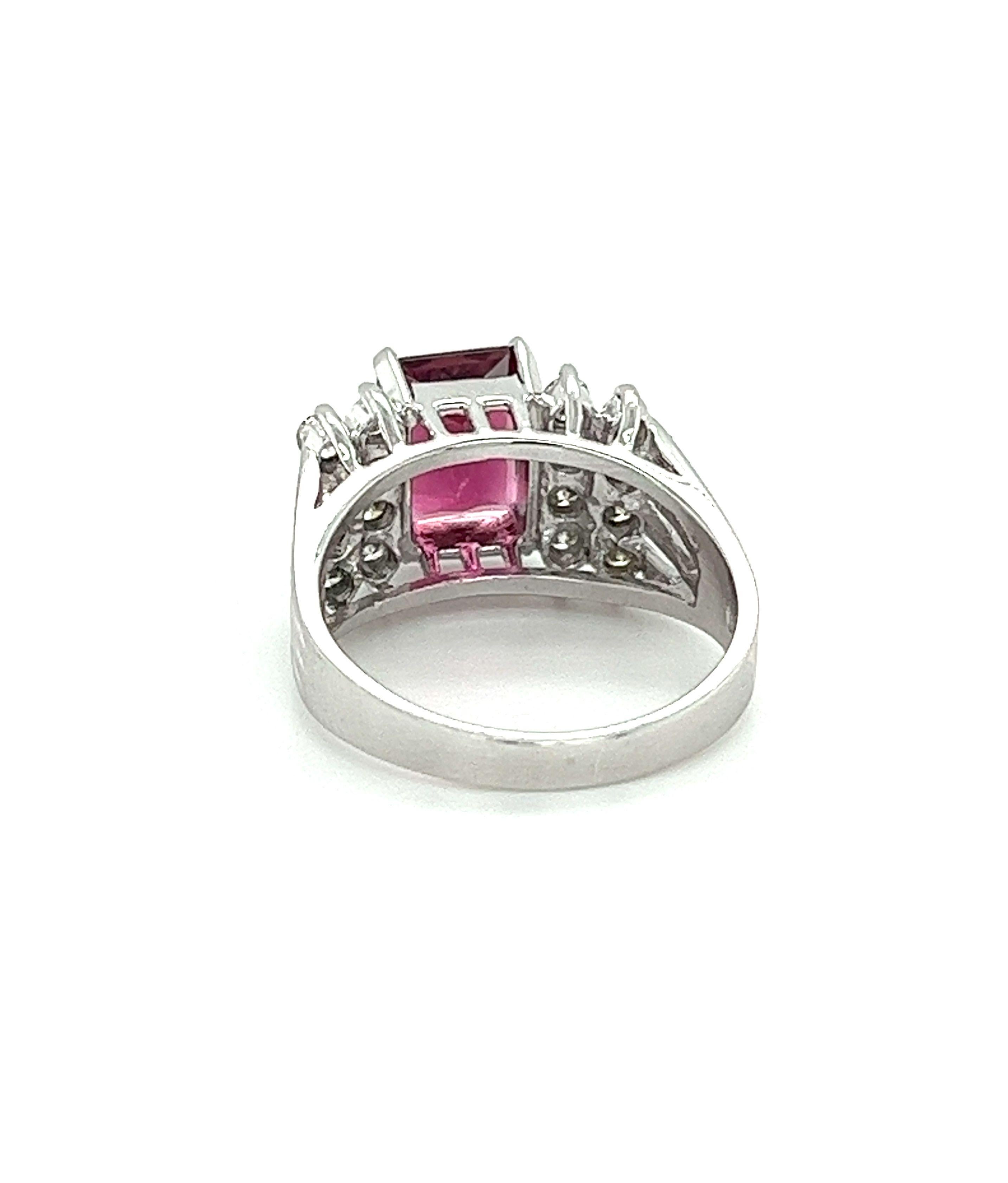 3 Carat Radiant Cut Vivid Pink/Purple Tourmaline & Diamond Cluster Platinum Ring For Sale 1