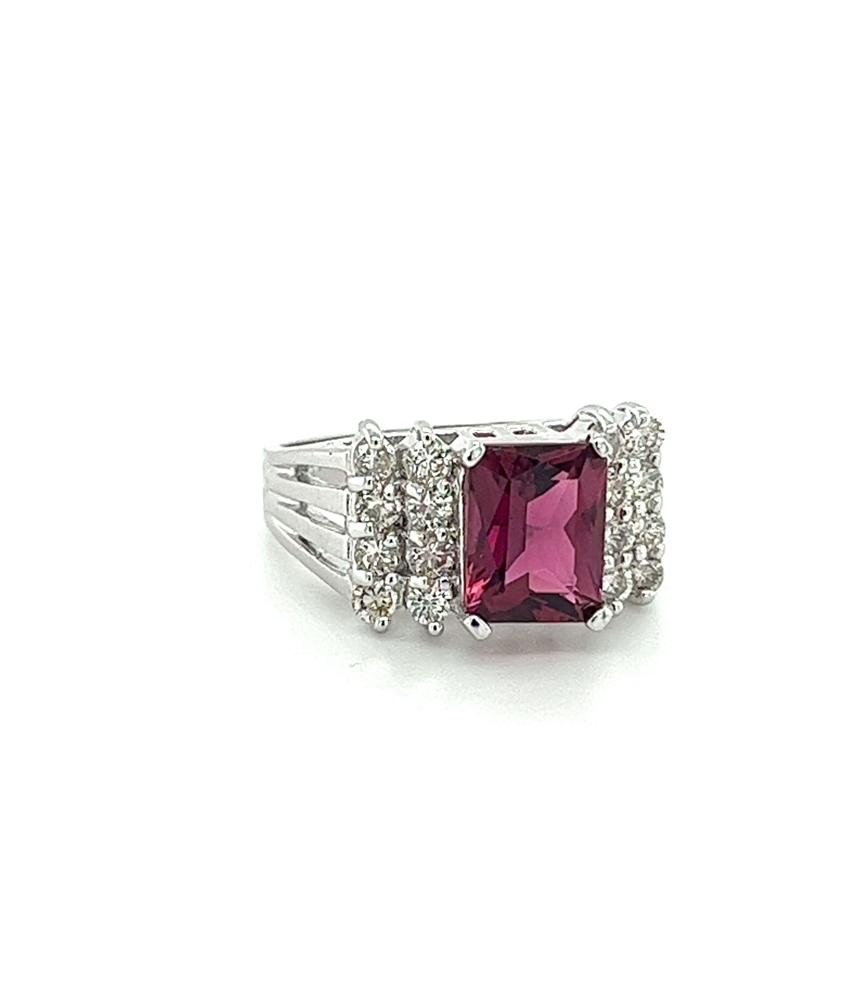 3 Carat Radiant Cut Vivid Pink/Purple Tourmaline & Diamond Cluster Platinum Ring For Sale 2