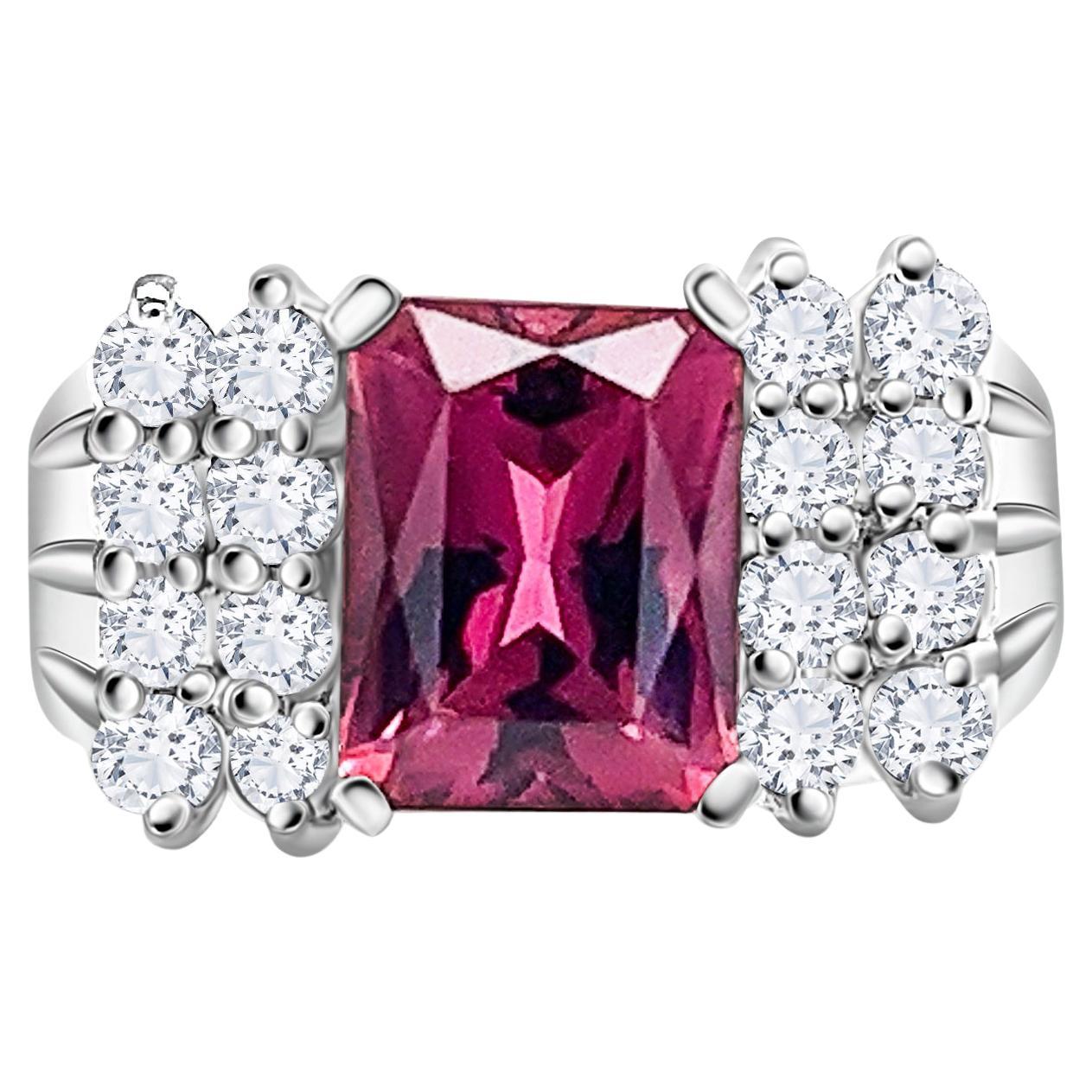 3 Carat Radiant Cut Vivid Pink/Purple Tourmaline & Diamond Cluster Platinum Ring For Sale