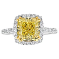 3 Carat Radiant Halo Diamond Ring Fancy Yellow 14K White Gold