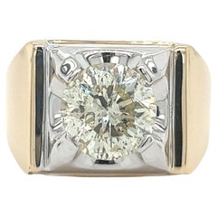 Retro 3 Carat Round Cut Natural Diamond Solitaire Mens Ring in 14K Gold Two Tone