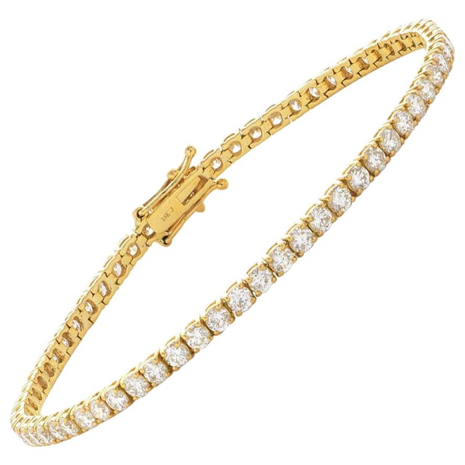 5 Carat Four Prong Round Diamond 18 Karat Gold Riviera Line Tennis Bracelet  For Sale at 1stDibs
